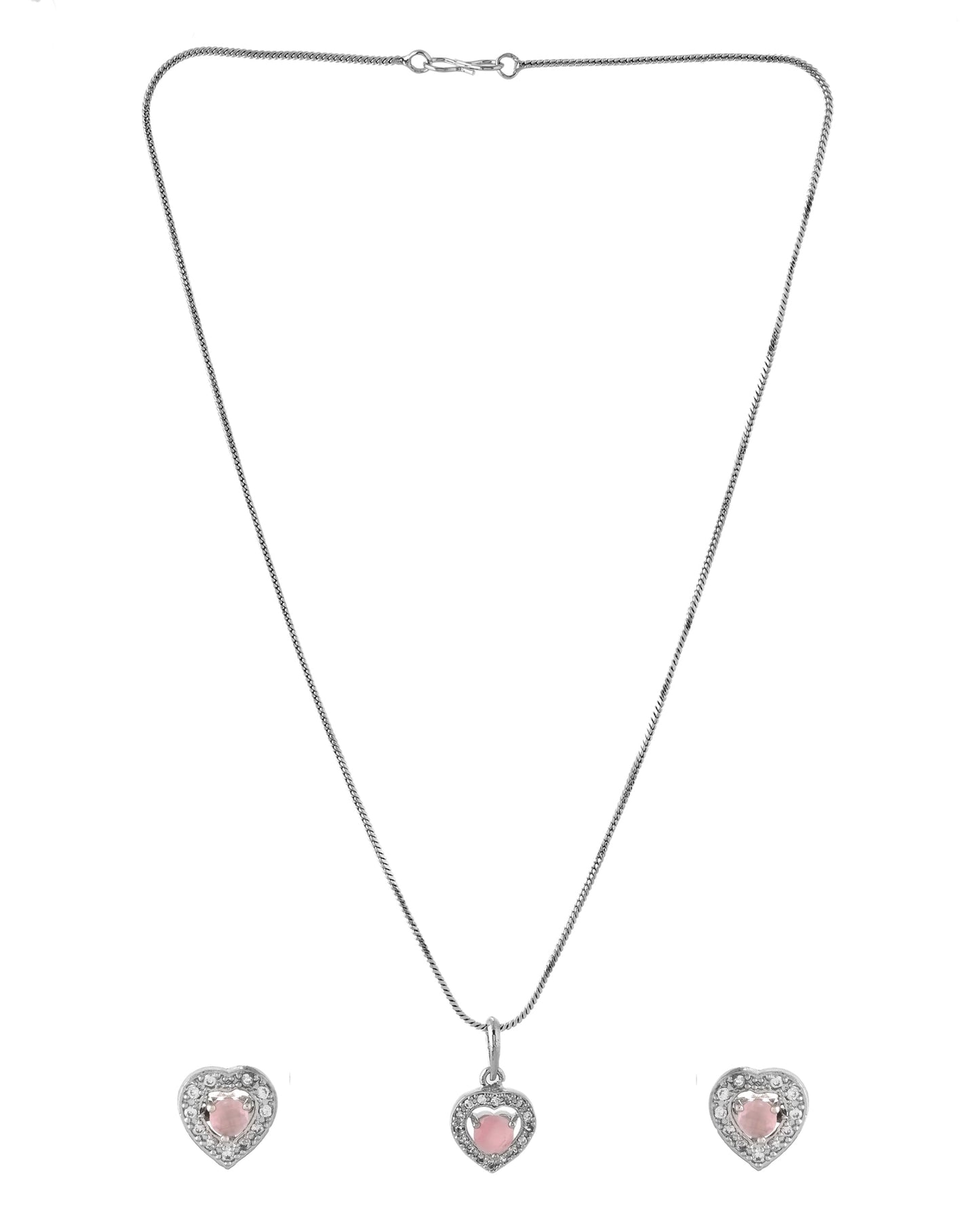 VOJ Silver Plated Baby Pink Stone Studded Heart Shaped Chain Set - Swadesiicart