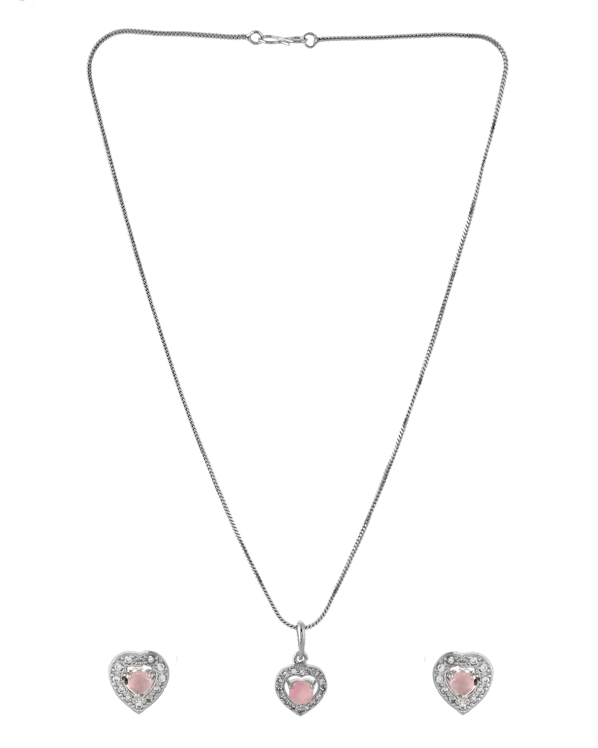 VOJ Silver Plated Baby Pink Stone Studded Heart Shaped Chain Set - Swadesiicart