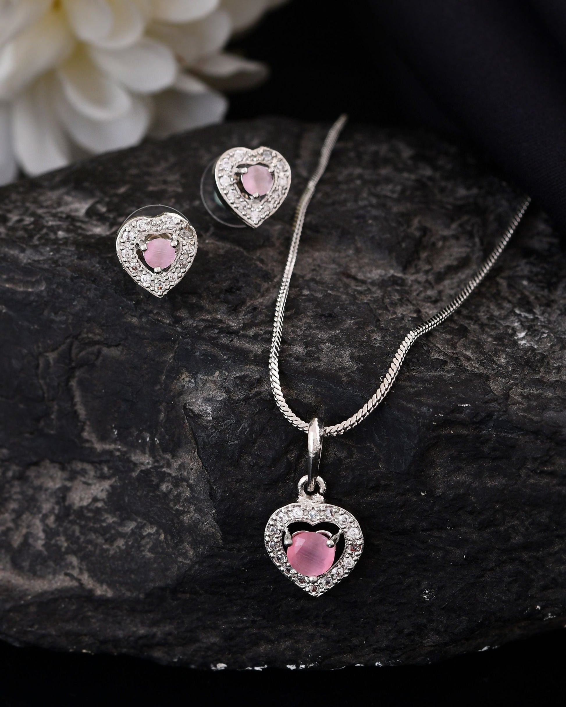 VOJ Silver Plated Baby Pink Stone Studded Heart Shaped Chain Set - Swadesiicart