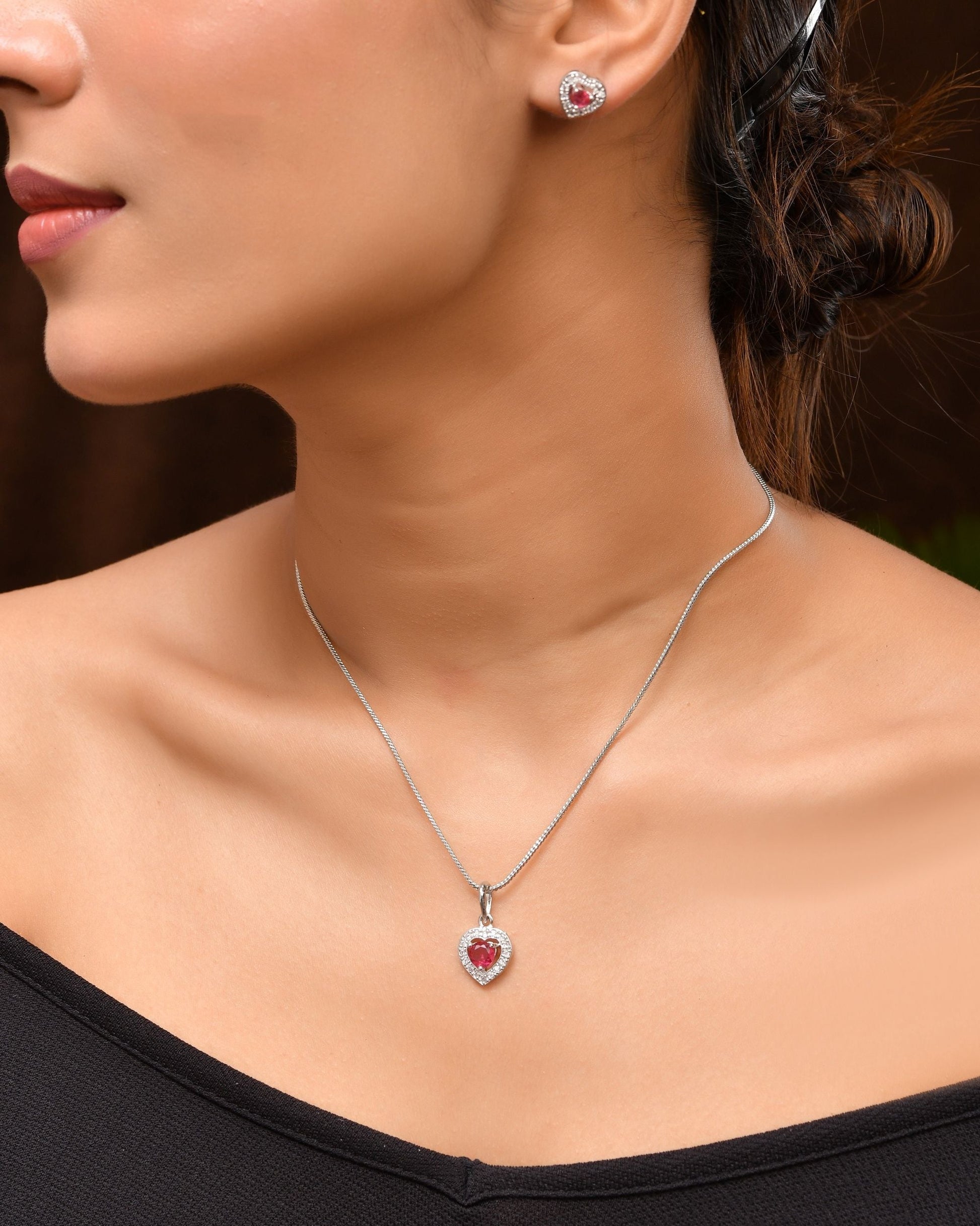 VOJ Silver Plated Pink Stone Studded Heart Shaped Chain Set - Swadesiicart