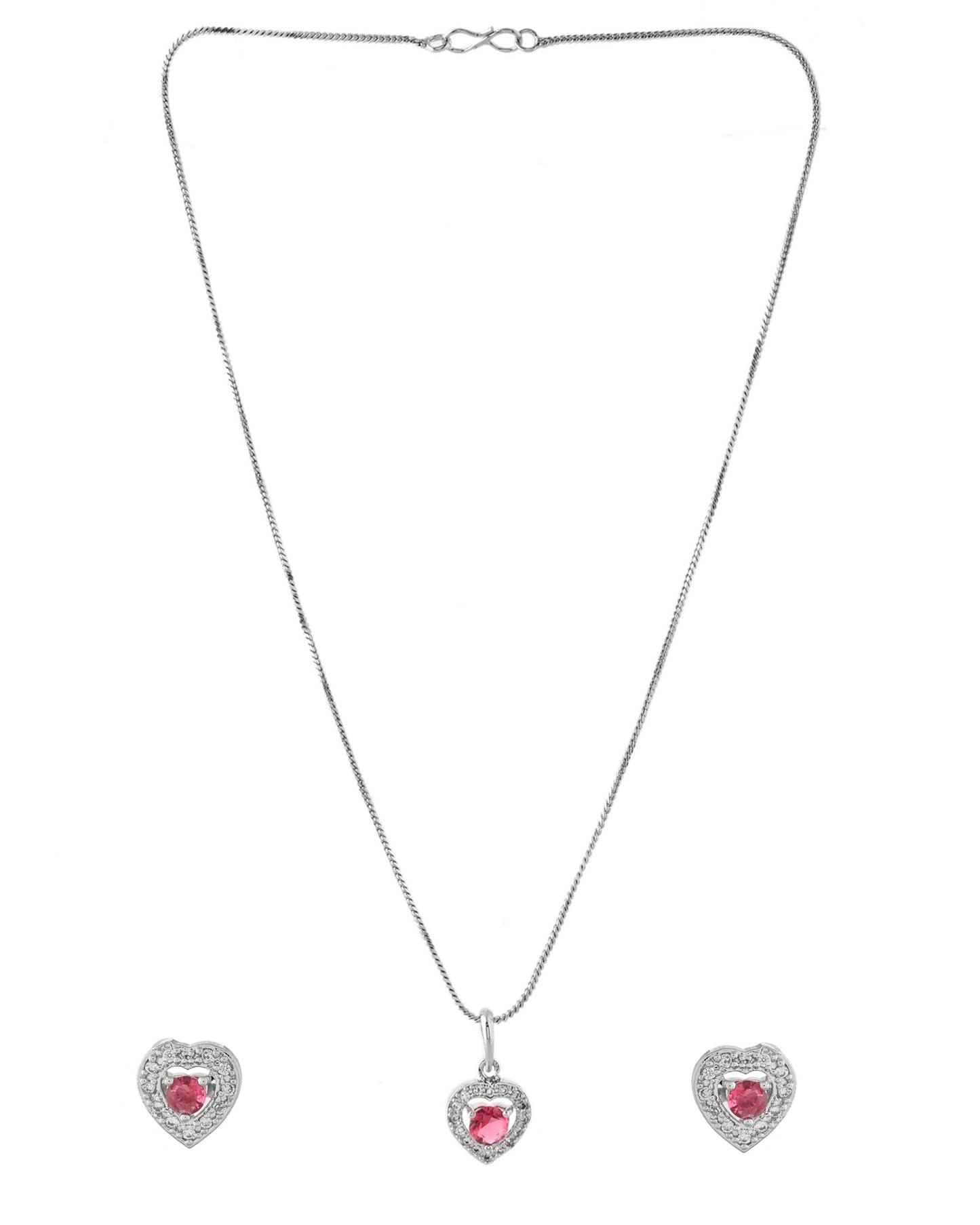 VOJ Silver Plated Pink Stone Studded Heart Shaped Chain Set - Swadesiicart