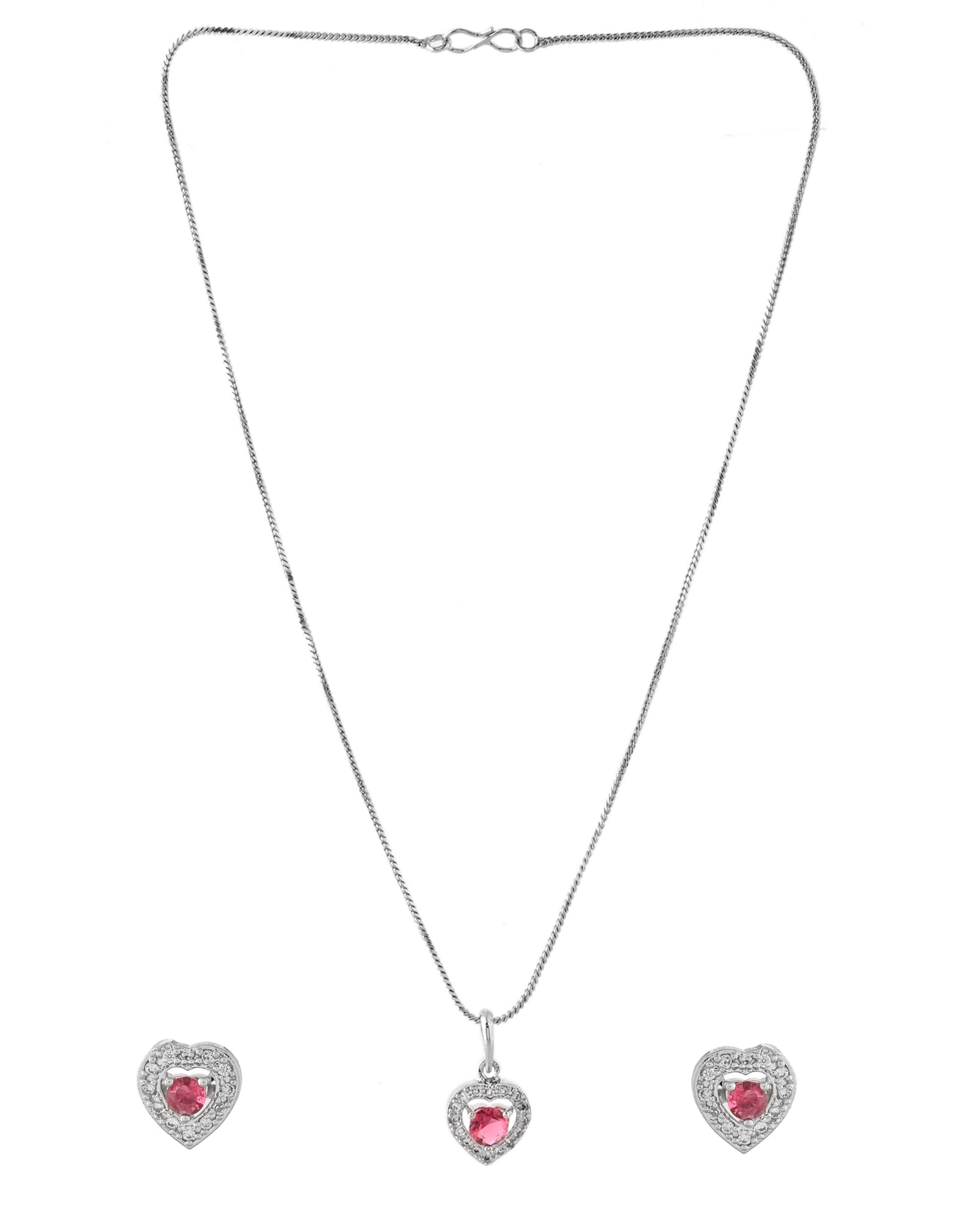 VOJ Silver Plated Pink Stone Studded Heart Shaped Chain Set - Swadesiicart