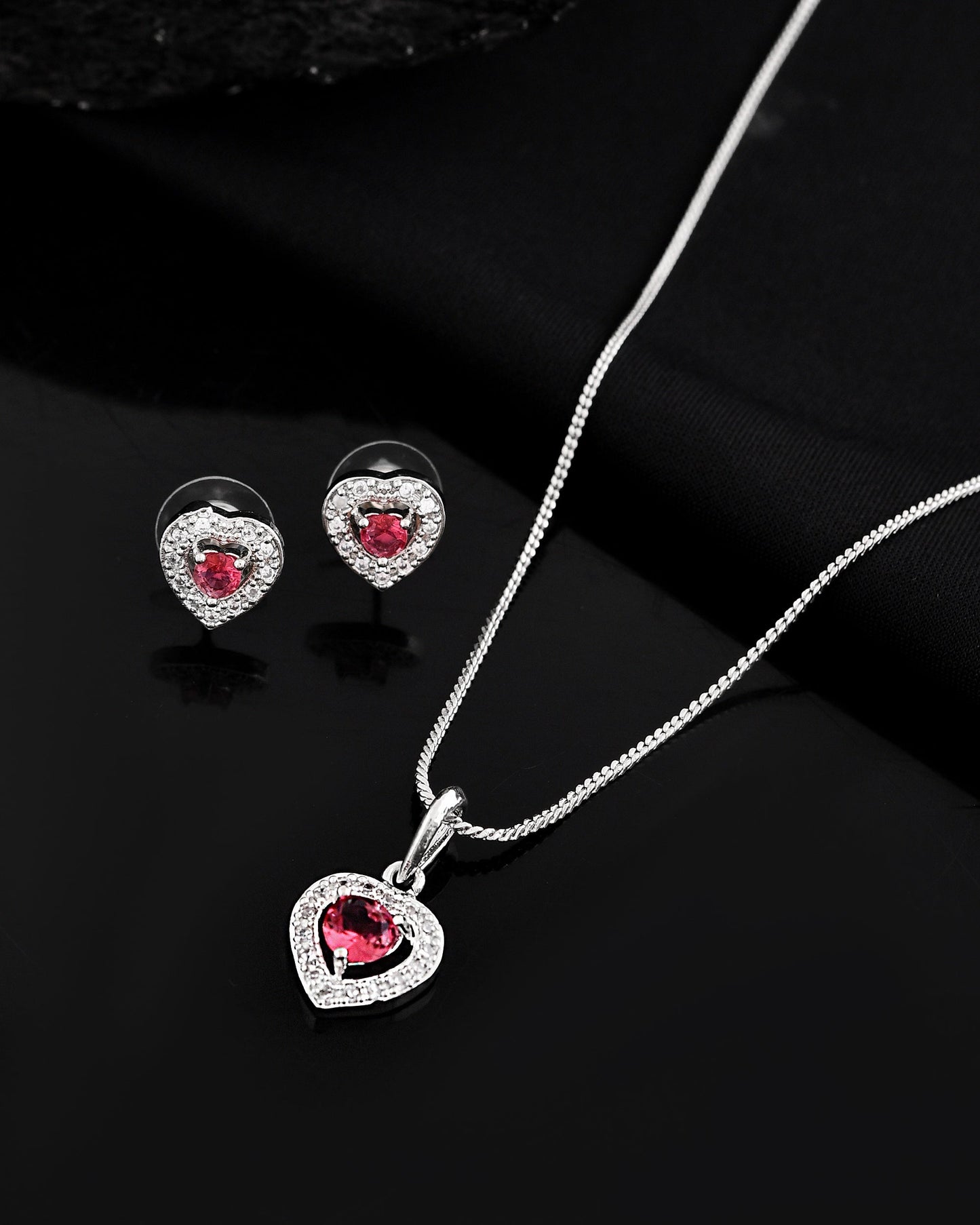 VOJ Silver Plated Pink Stone Studded Heart Shaped Chain Set - Swadesiicart