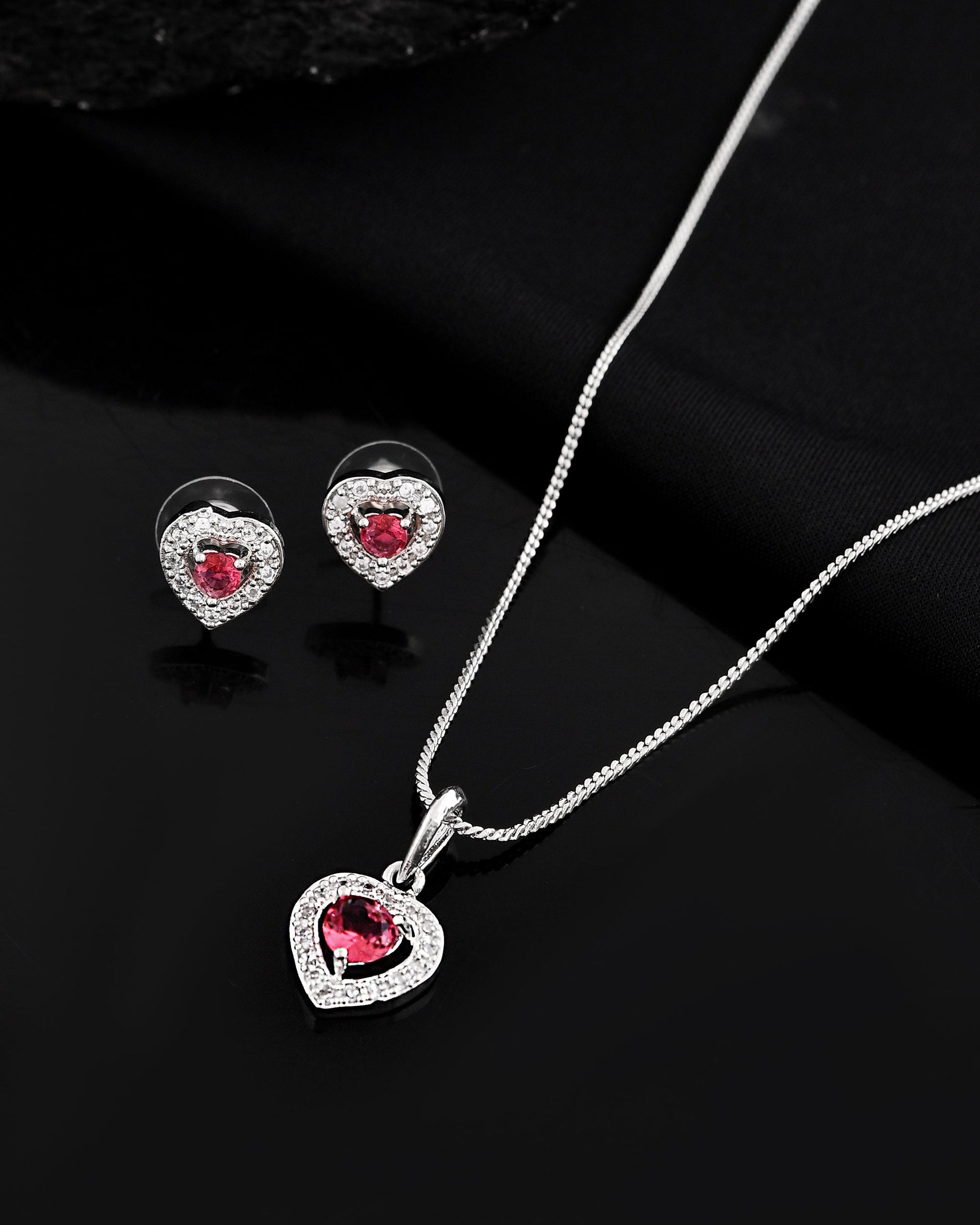 VOJ Silver Plated Pink Stone Studded Heart Shaped Chain Set - Swadesiicart