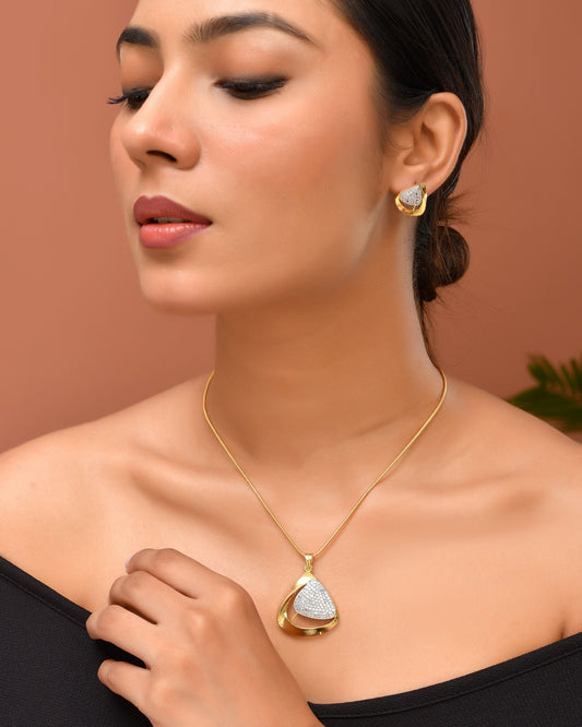 VOJ Gold Polished CZ Stone Studded Geometrical Jewellery Set | Swadesiicart
