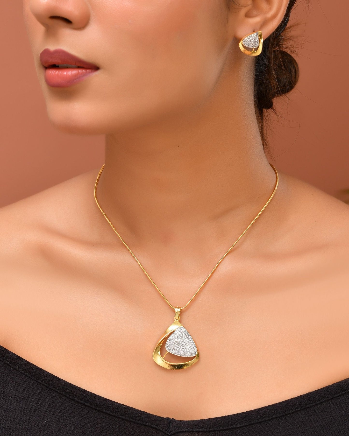 VOJ Gold Polished CZ Stone Studded Geometrical Jewellery Set | Swadesiicart