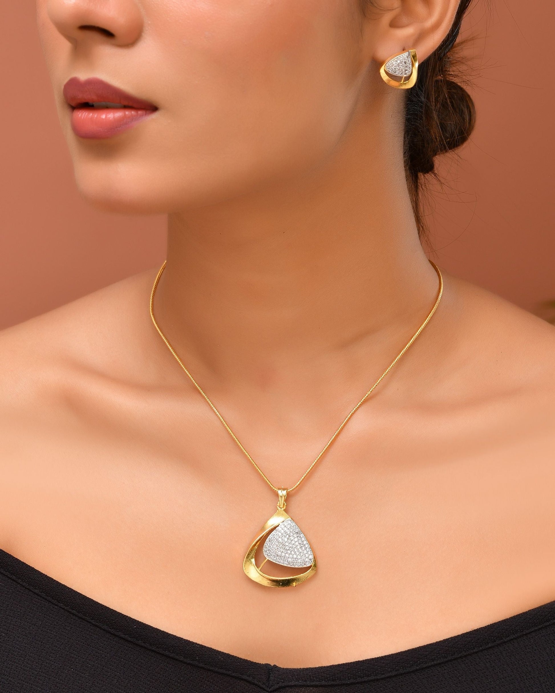 VOJ Gold Polished CZ Stone Studded Geometrical Jewellery Set | Swadesiicart