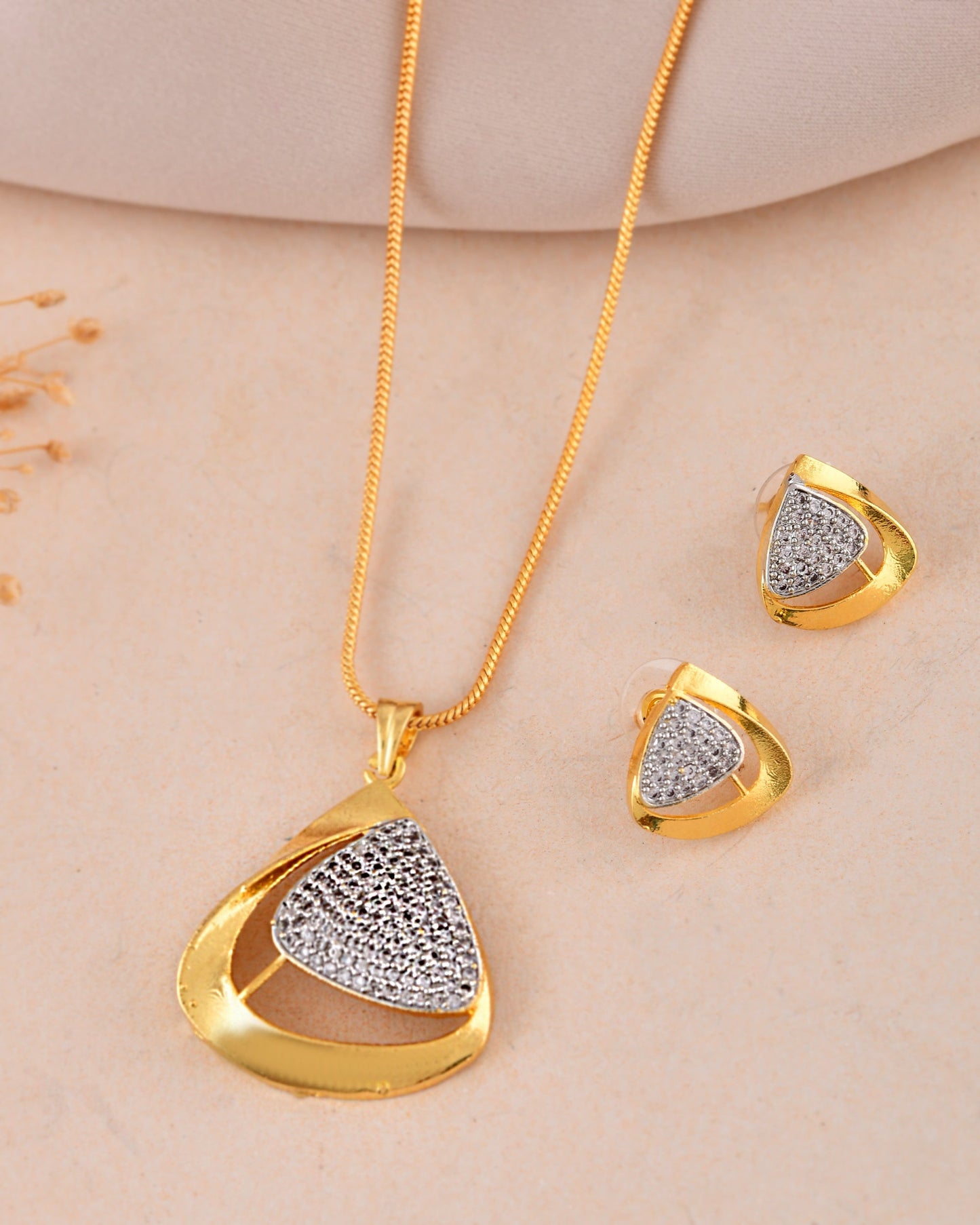 VOJ Gold Polished CZ Stone Studded Geometrical Jewellery Set | Swadesiicart