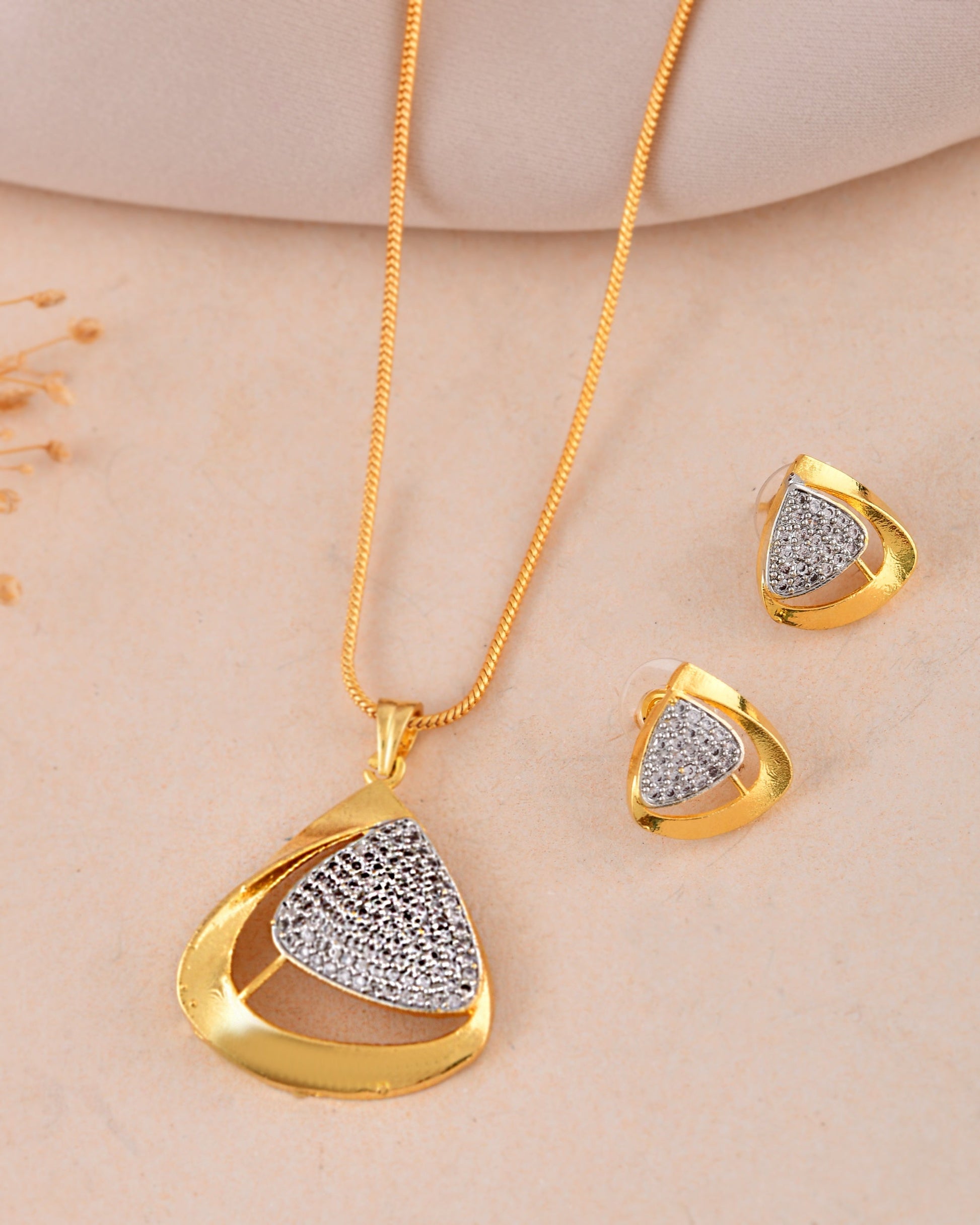 VOJ Gold Polished CZ Stone Studded Geometrical Jewellery Set | Swadesiicart
