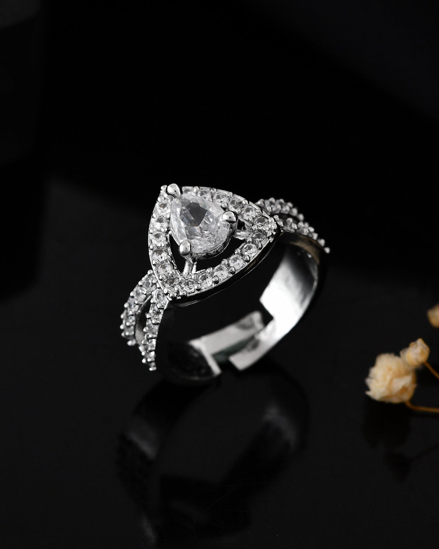 VOJ Silver-Plated AD-Stone-Studded Adjustable Finger Ring | Swadesiicart
