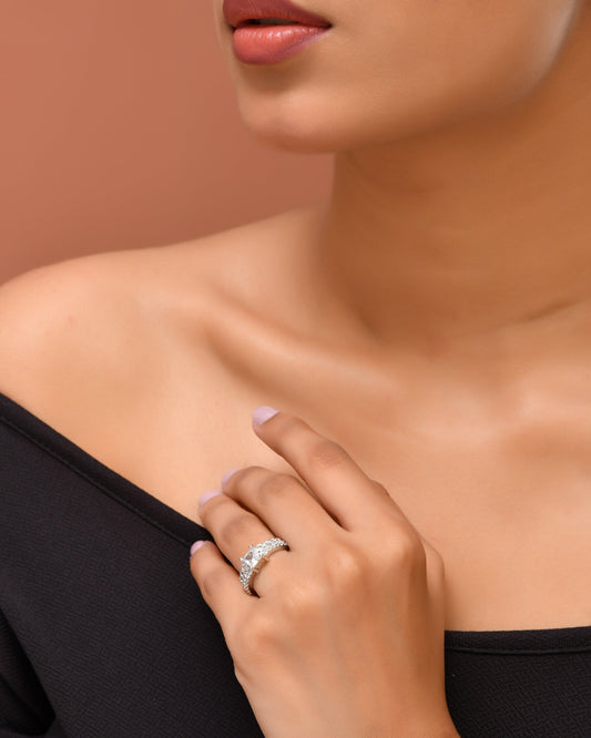 VOJ Silver Plated Cubic Zirconia Studded Finger Ring | Swadesiicart