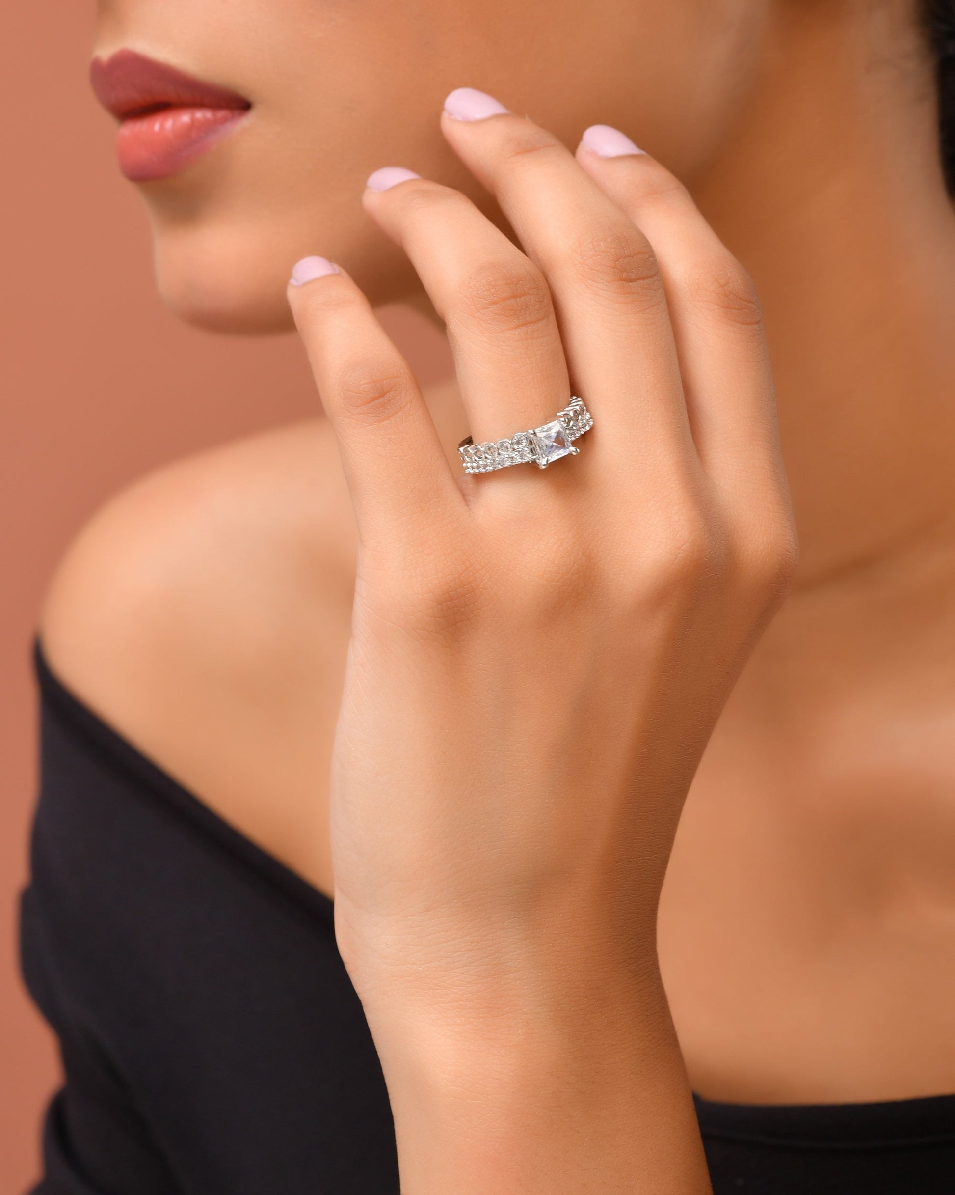 VOJ Silver Plated Cubic Zirconia Studded Finger Ring | Swadesiicart