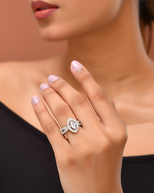 VOJ Silver-Plated Cubic Zirconia Studded Adjustable Finger Ring - Swadesiicart