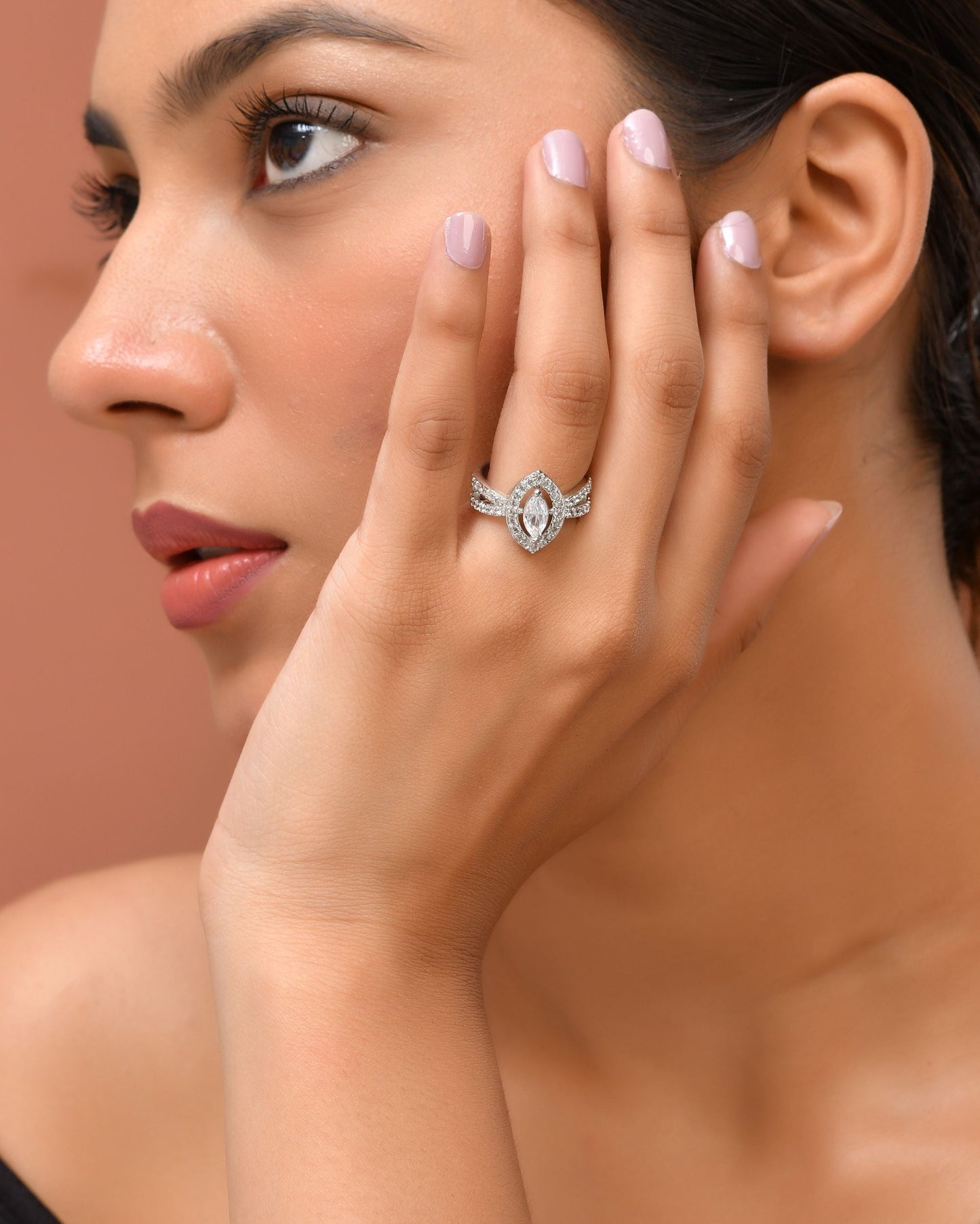 VOJ Silver-Plated Cubic Zirconia Studded Adjustable Finger Ring - Swadesiicart