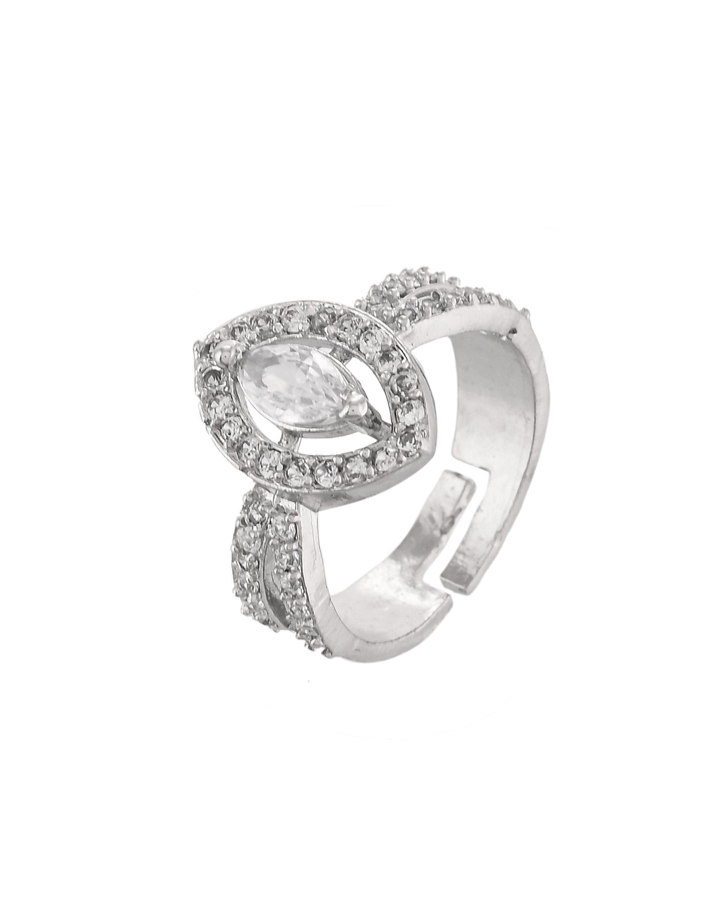 VOJ Silver-Plated Cubic Zirconia Studded Adjustable Finger Ring - Swadesiicart