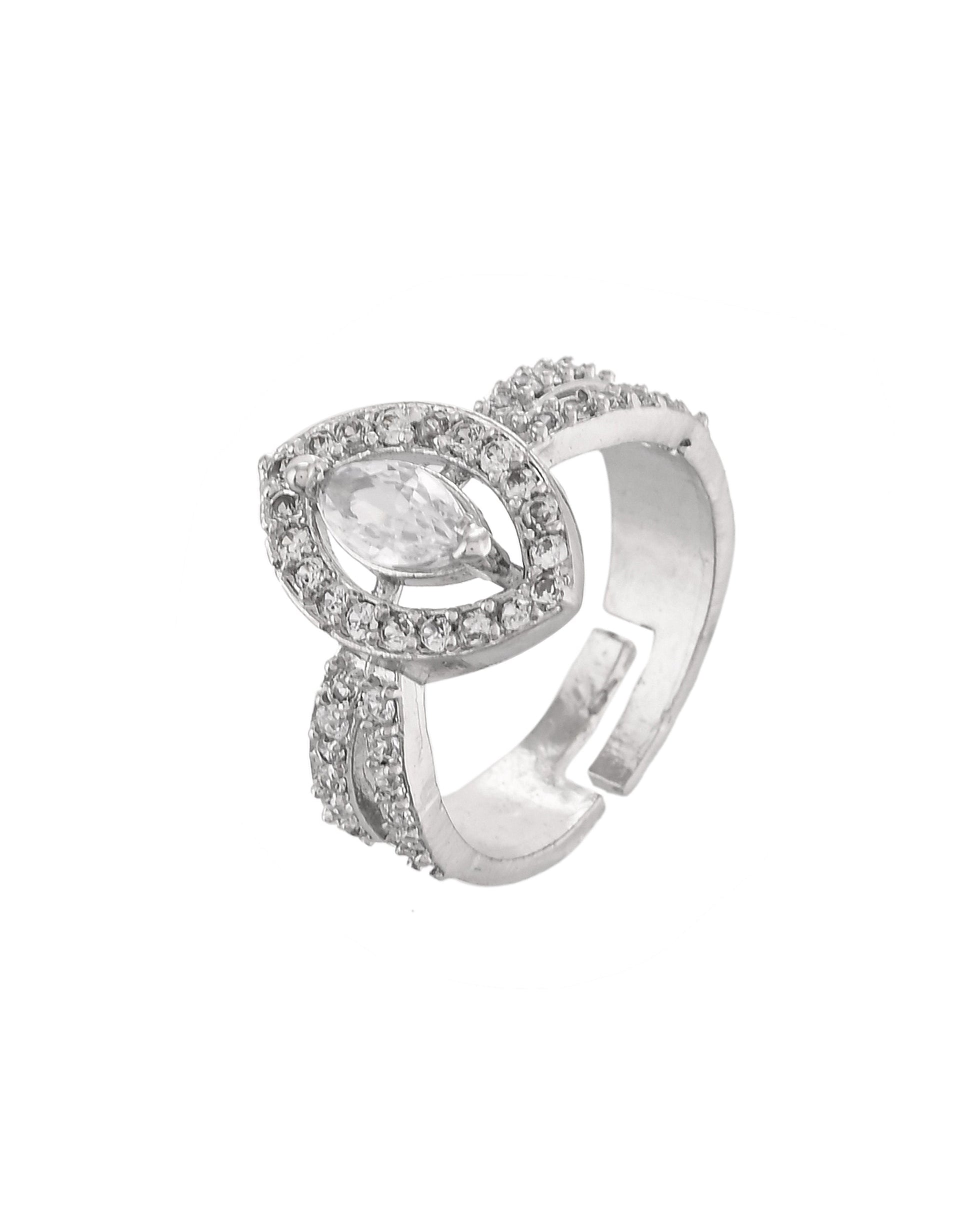 VOJ Silver-Plated Cubic Zirconia Studded Adjustable Finger Ring - Swadesiicart