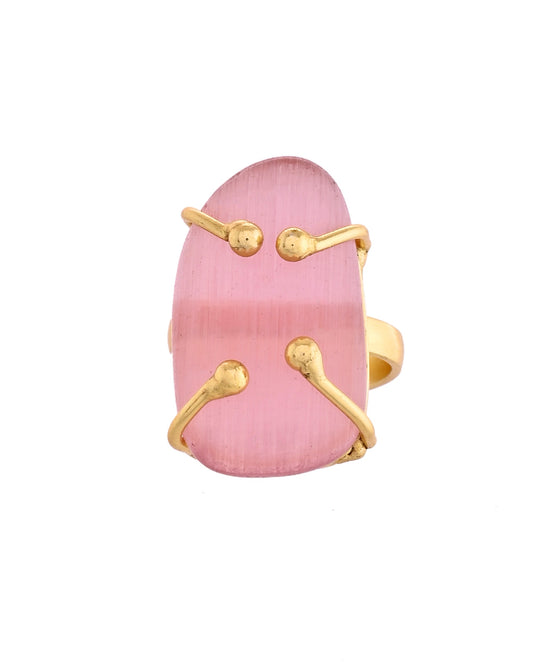 VOJ Stainless Steel Gold Polished Stone-Studded Adjustable Finger Ring - Swadesiicart