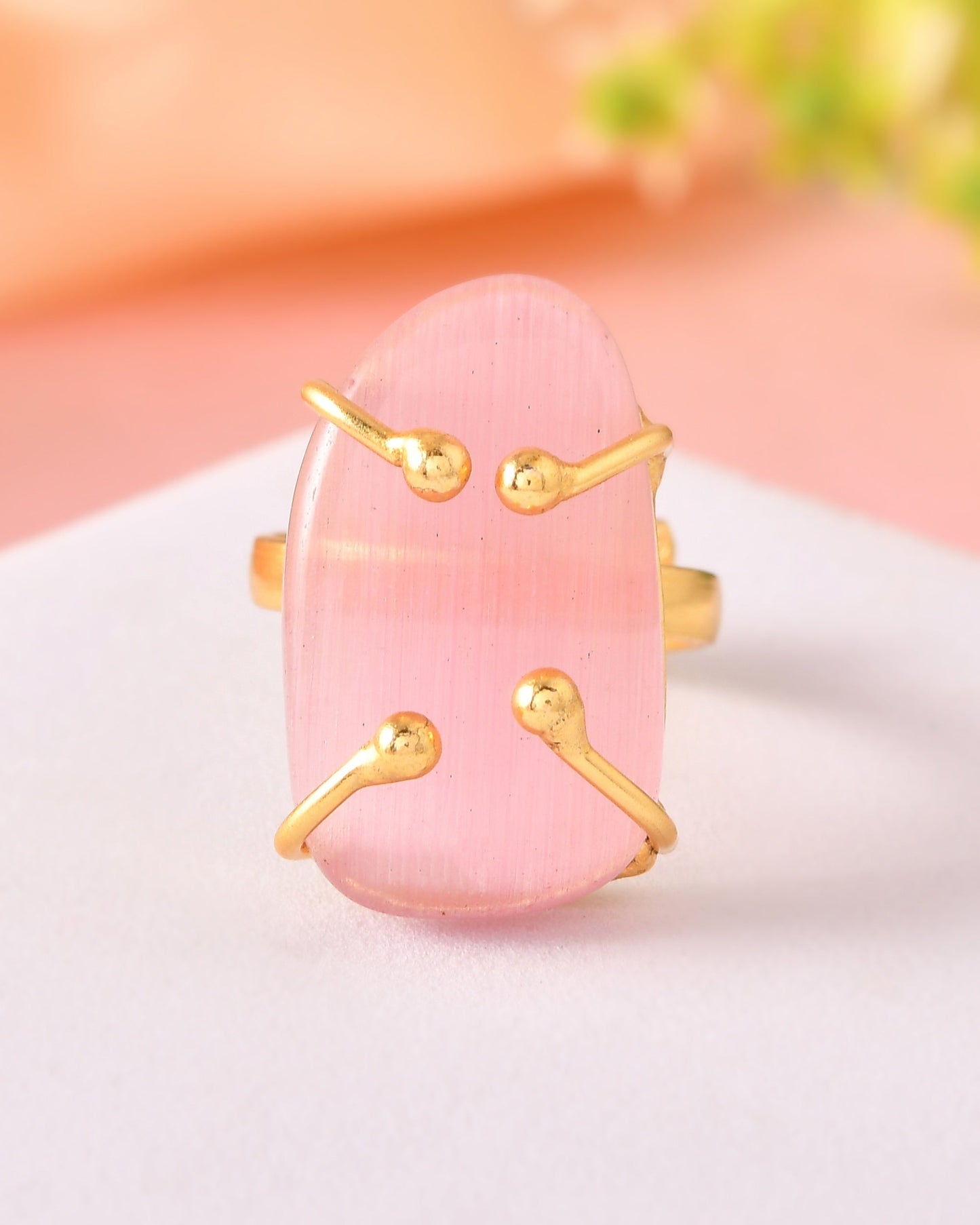 VOJ Stainless Steel Gold Polished Stone-Studded Adjustable Finger Ring - Swadesiicart