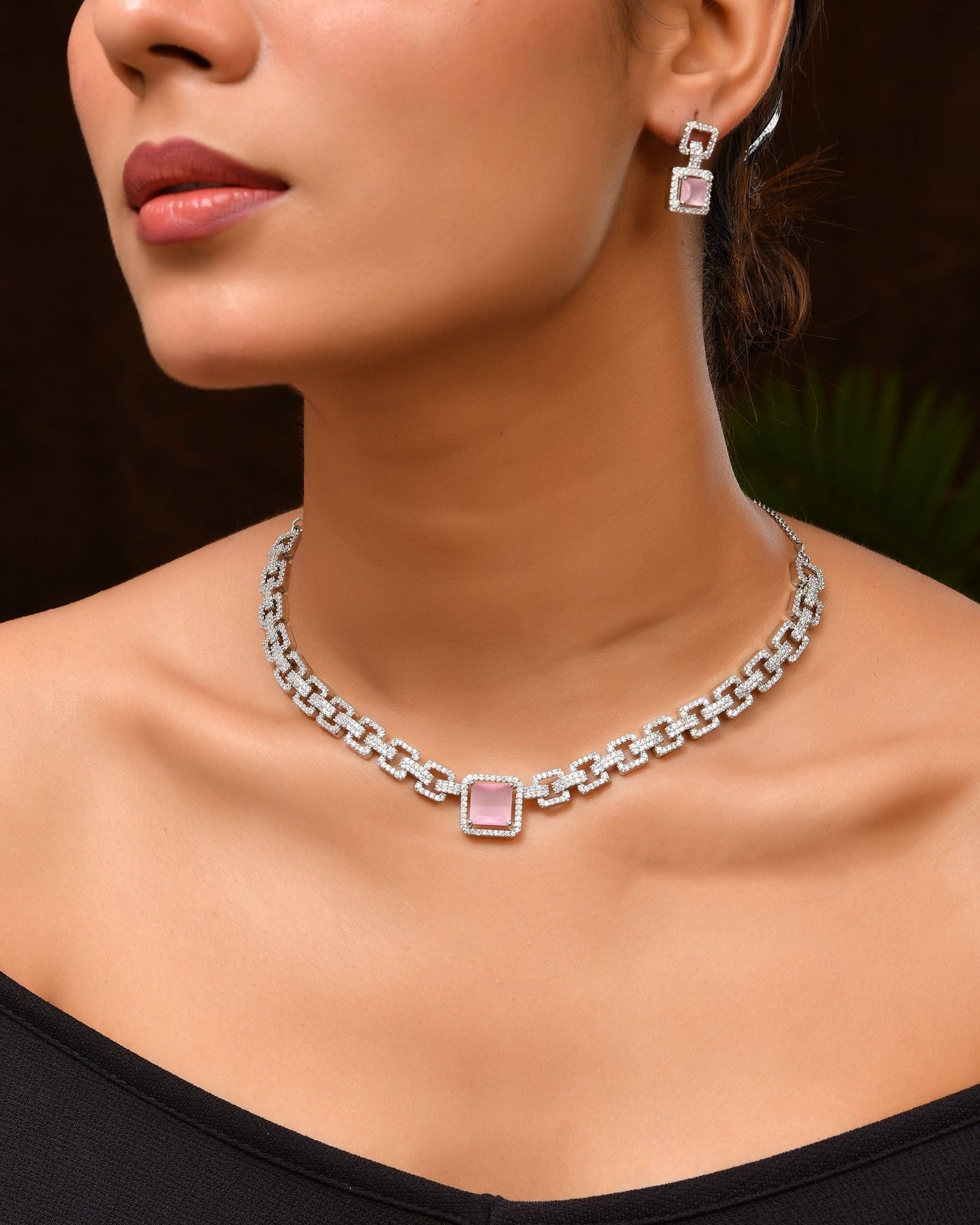 VOJ Silver Plated AD-Stone Studded Square Shaped Jewellery Set - Swadesiicart