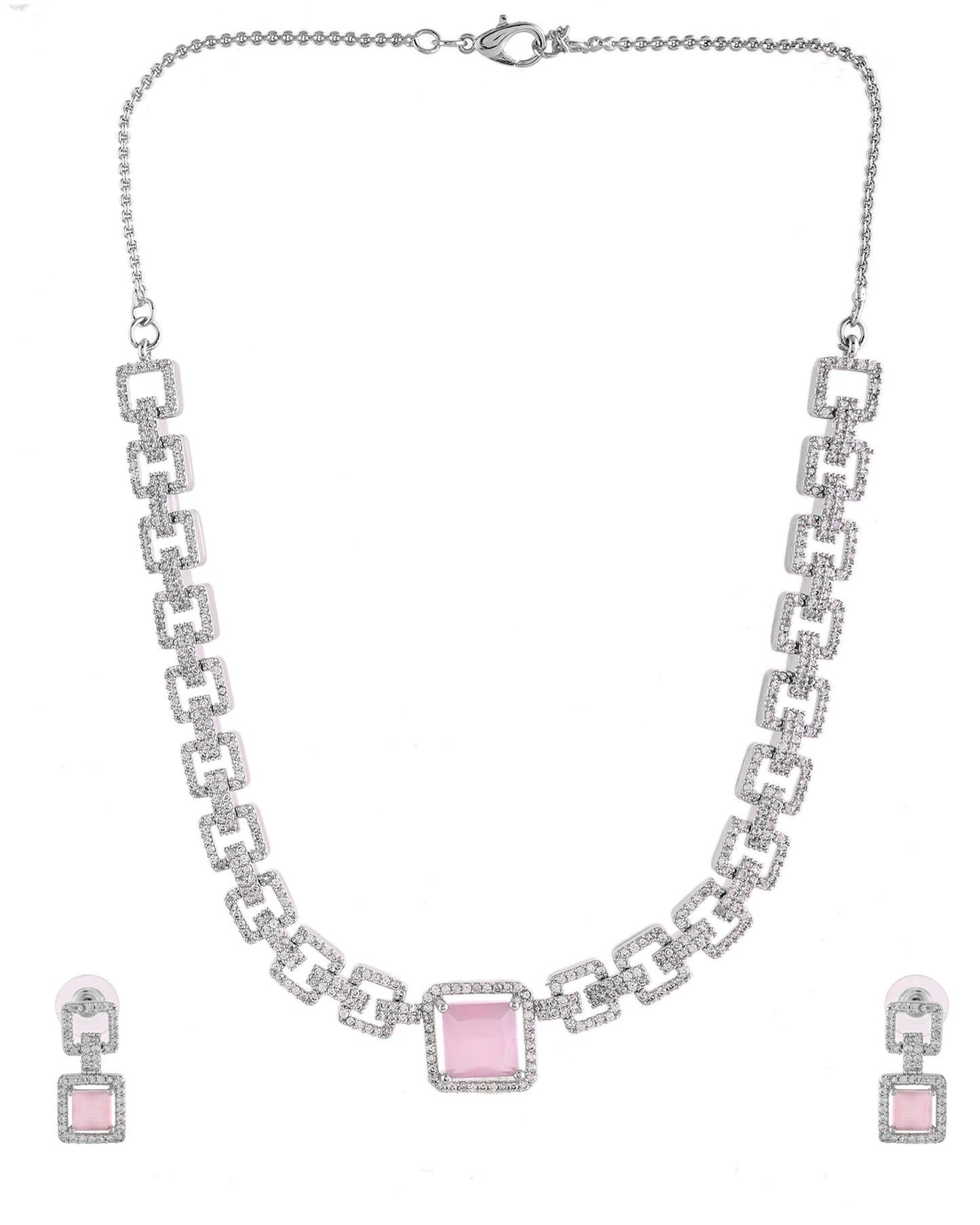 VOJ Silver Plated AD-Stone Studded Square Shaped Jewellery Set - Swadesiicart