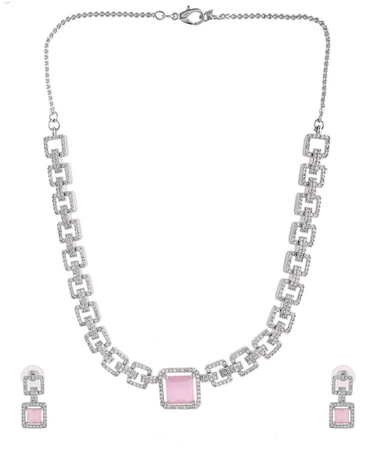 VOJ Silver Plated AD-Stone Studded Square Shaped Jewellery Set - Swadesiicart