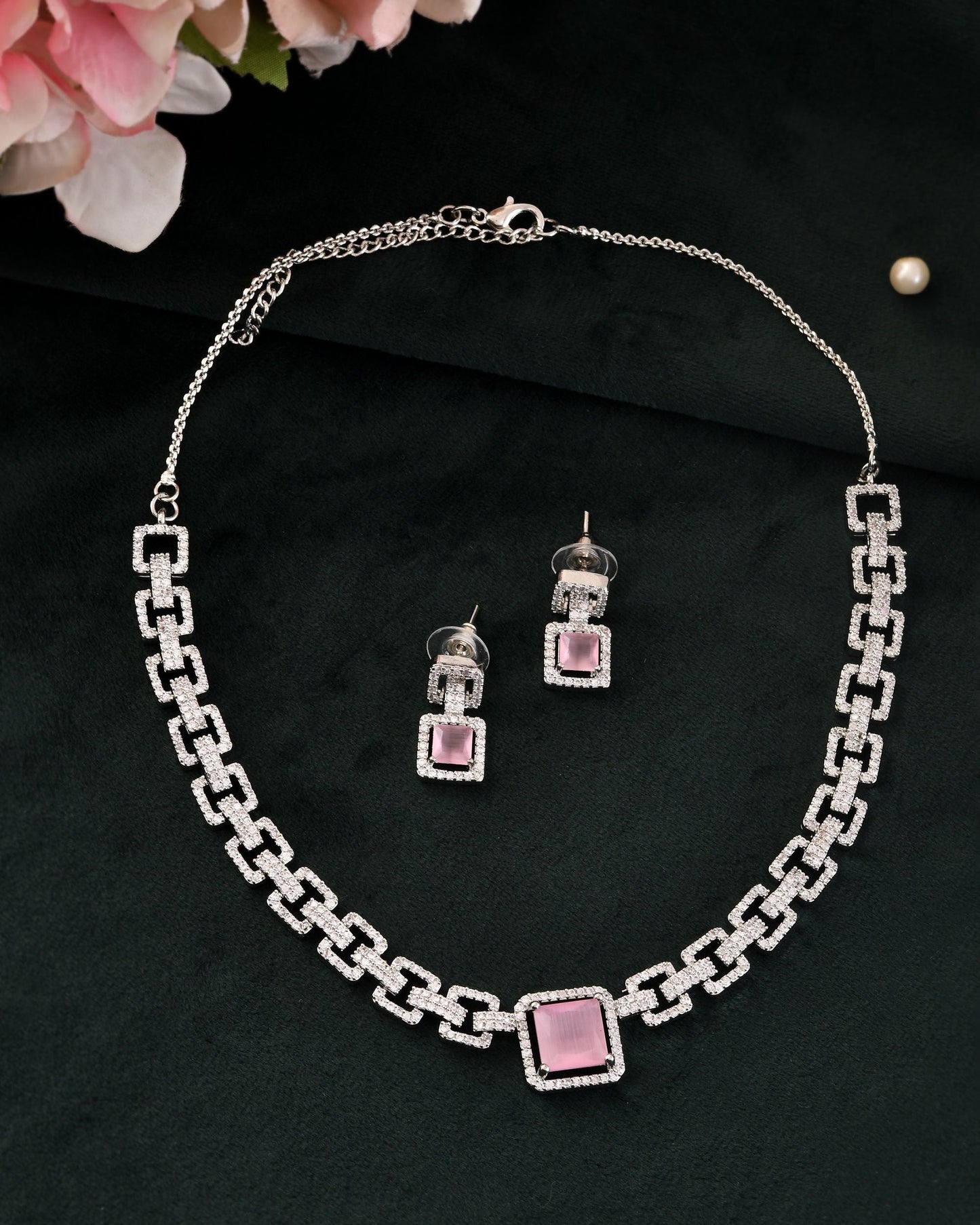 VOJ Silver Plated AD-Stone Studded Square Shaped Jewellery Set - Swadesiicart