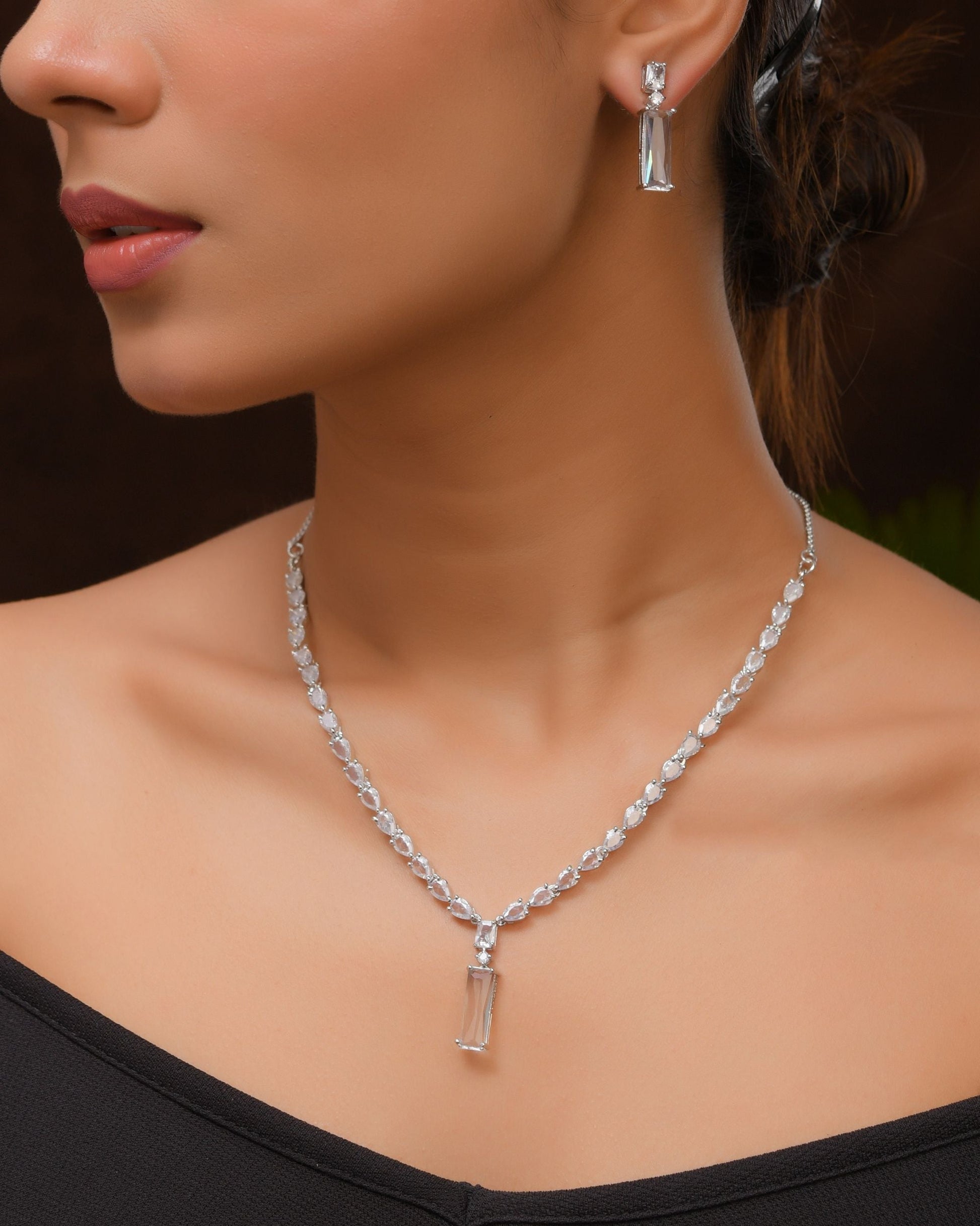 VOJ Silver Plated White Stone Studded Necklace Set | Swadesiicart
