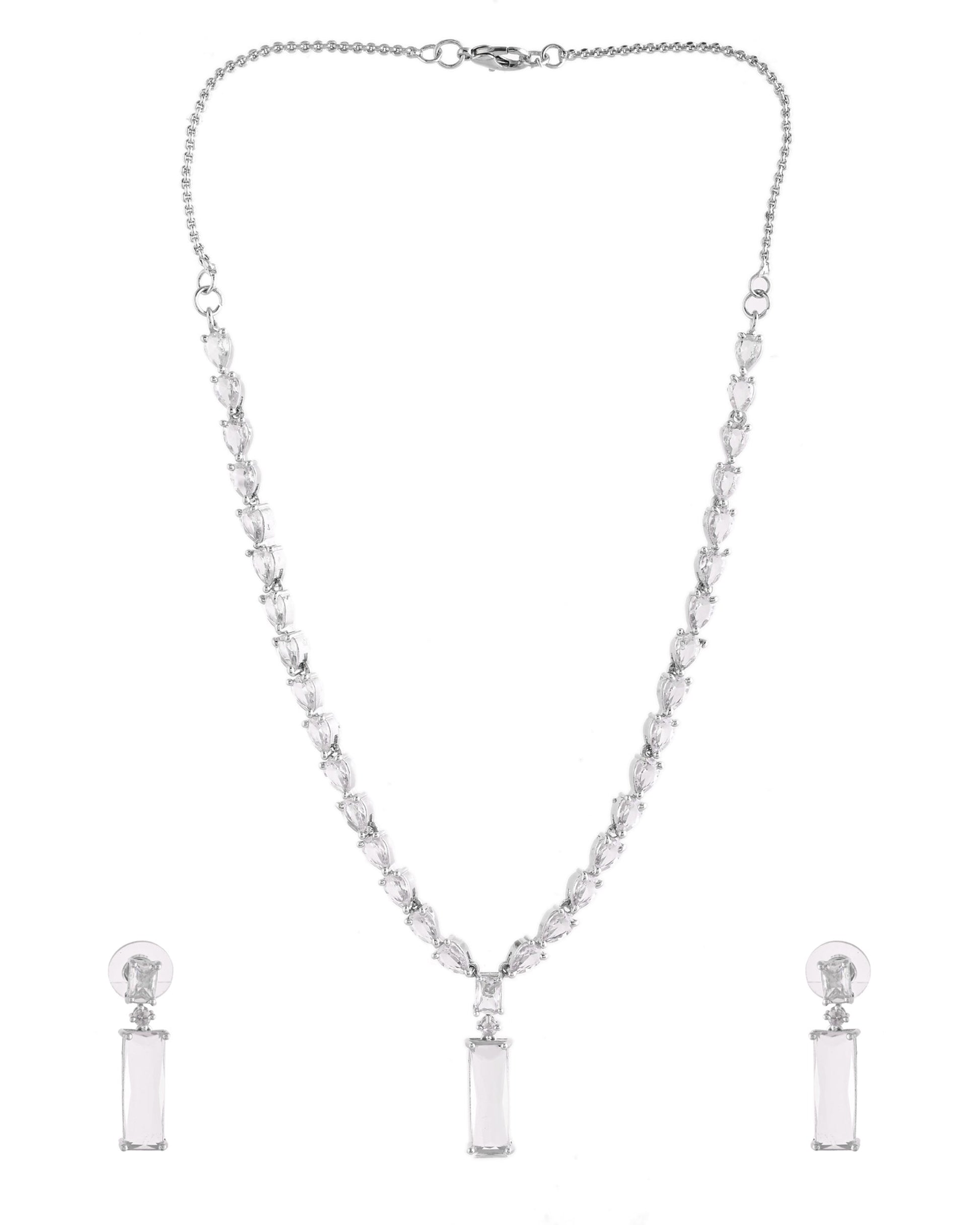 VOJ Silver Plated White Stone Studded Necklace Set | Swadesiicart