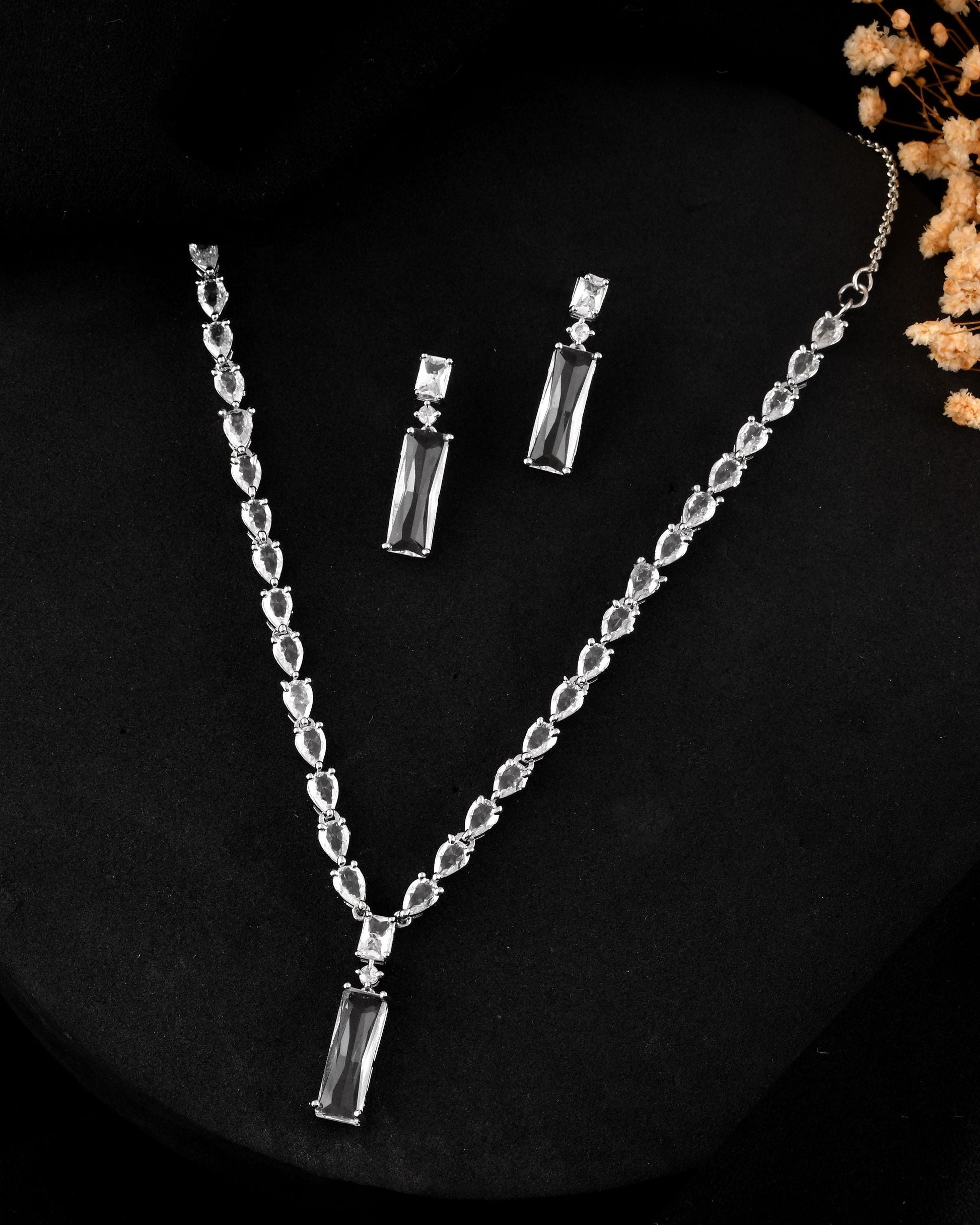 VOJ Silver Plated White Stone Studded Necklace Set | Swadesiicart
