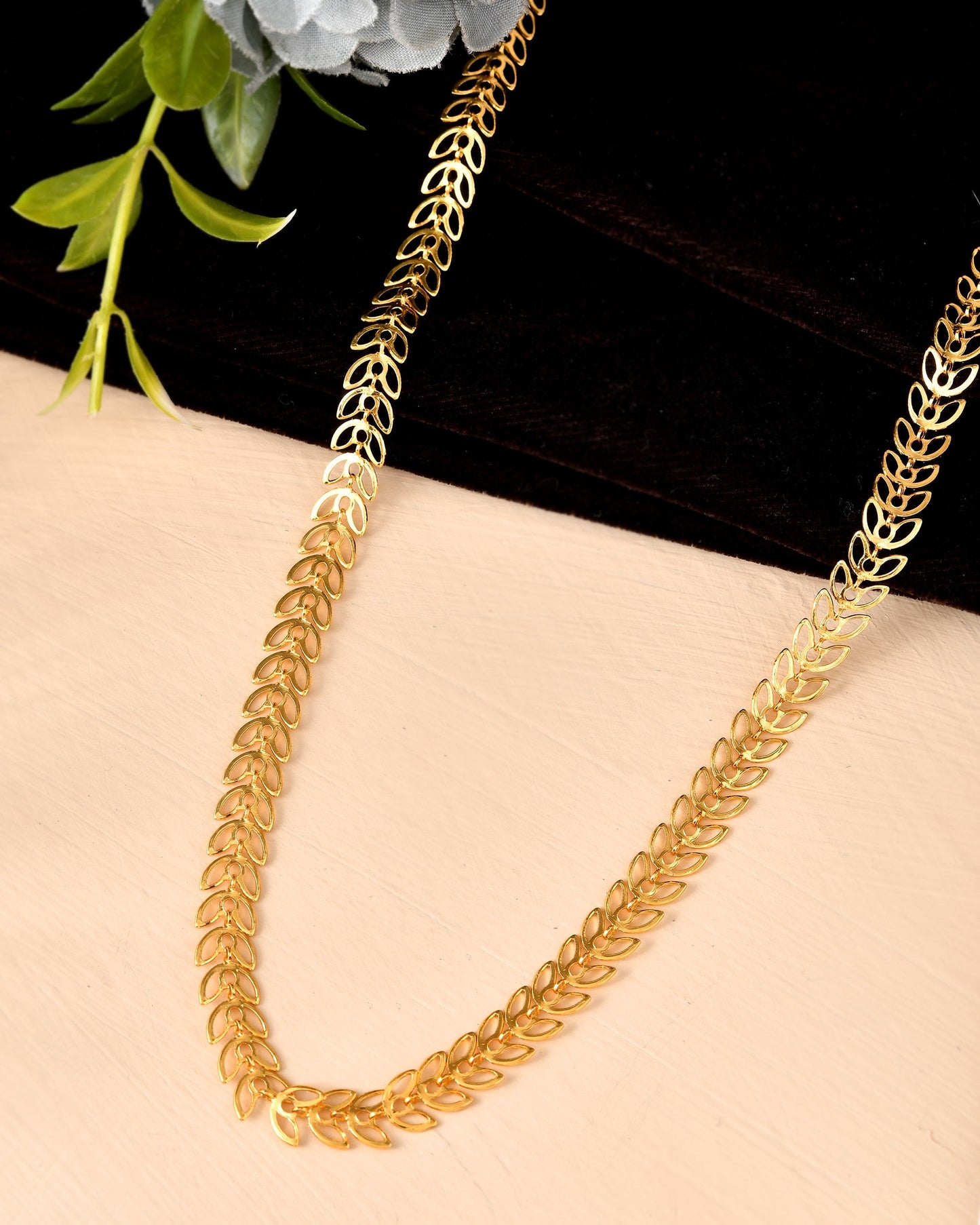 VOJ Women Gold Polished Stainless Steel Minimal Leaf Chain - Swadesiicart