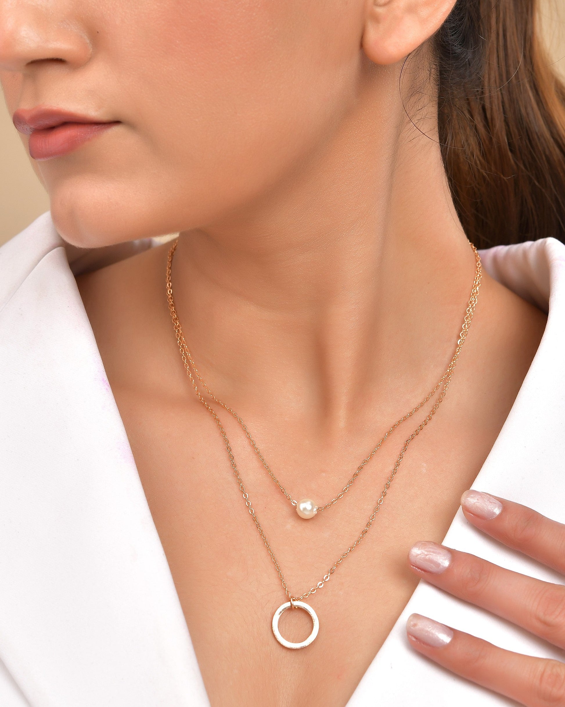 VOJ Gold Polished Multi Layer Pearl Studded Designer Chain - Swadesiicart