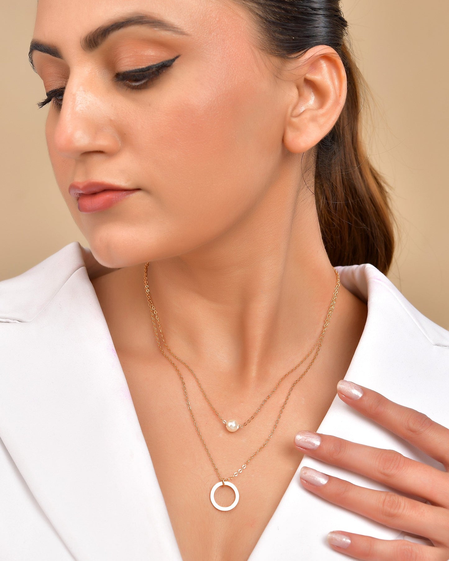 VOJ Gold Polished Multi Layer Pearl Studded Designer Chain - Swadesiicart
