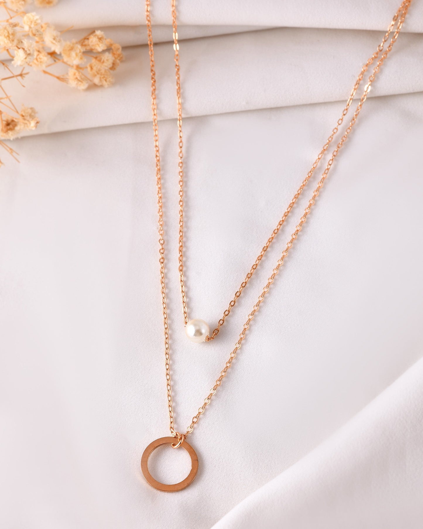 VOJ Gold Polished Multi Layer Pearl Studded Designer Chain - Swadesiicart