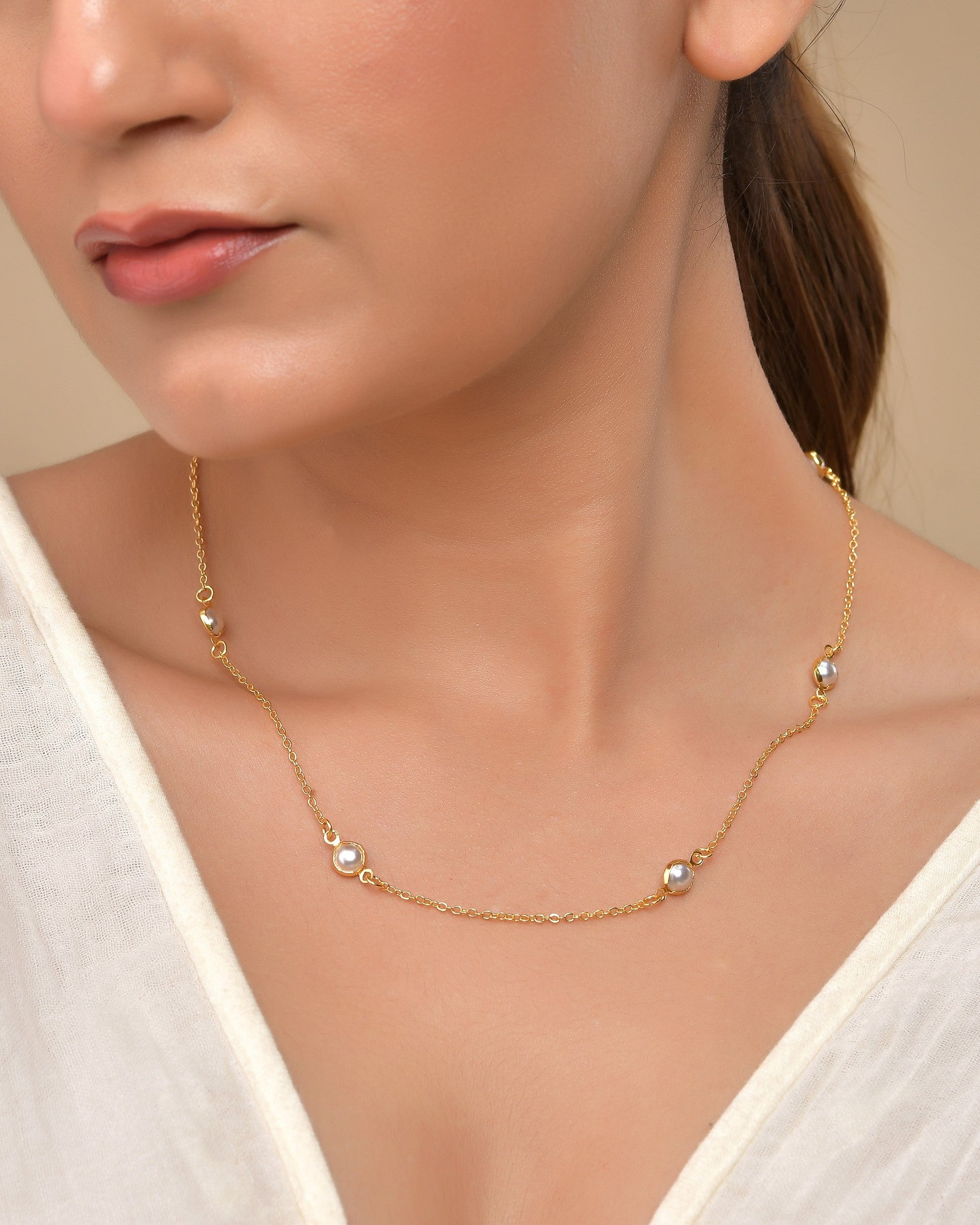 VOJ Gold Polished Women Pearl Studded Stainless Steel Chain - Swadesiicart