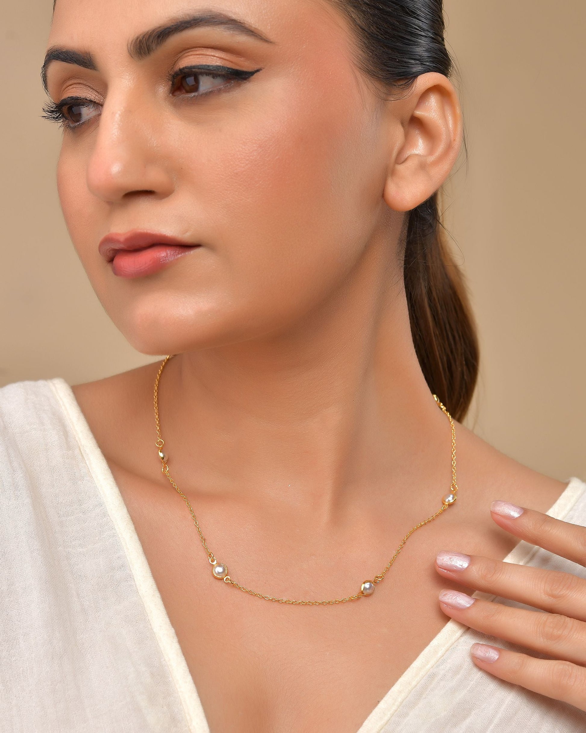 VOJ Gold Polished Women Pearl Studded Stainless Steel Chain - Swadesiicart