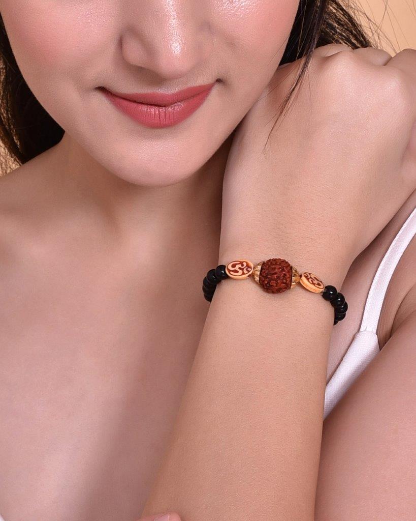 VOJ Rudraksh Black Beaded Elasticated Bracelet - Swadesiicart