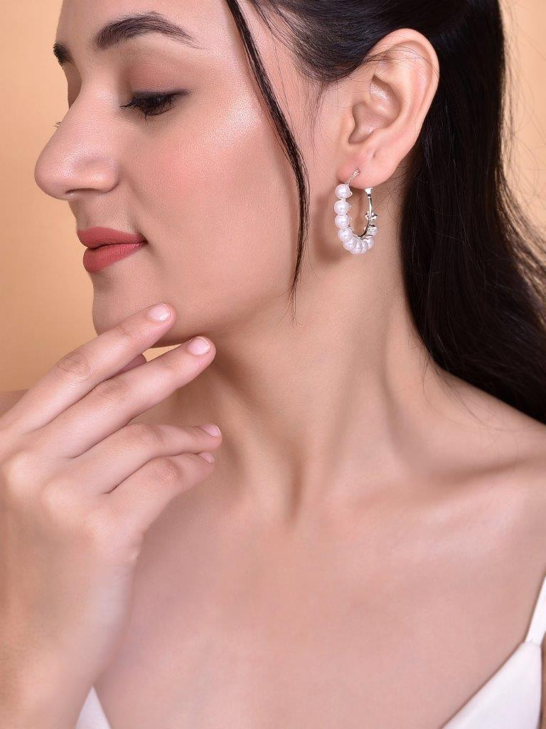 VOJ White Pearl Silver Plated Hoops Earrings - Swadesiicart