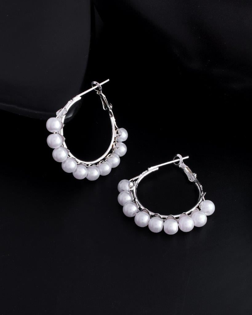 VOJ White Pearl Silver Plated Hoops Earrings - Swadesiicart