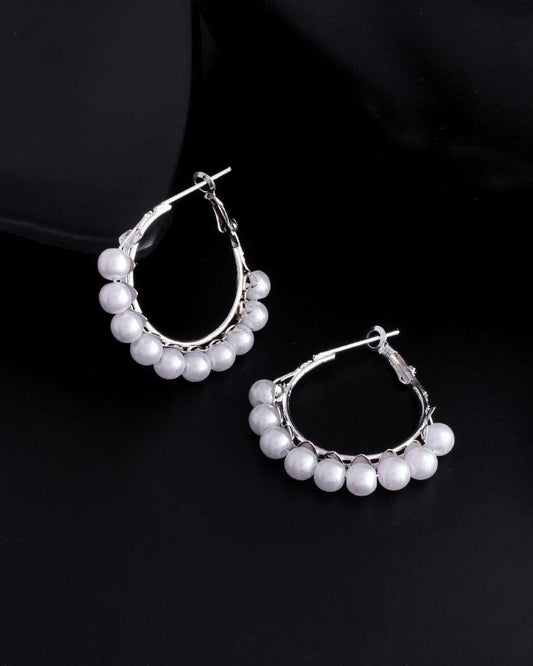 VOJ White Pearl Silver Plated Hoops Earrings - Swadesiicart