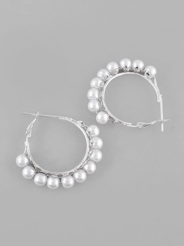 VOJ White Pearl Silver Plated Hoops Earrings - Swadesiicart