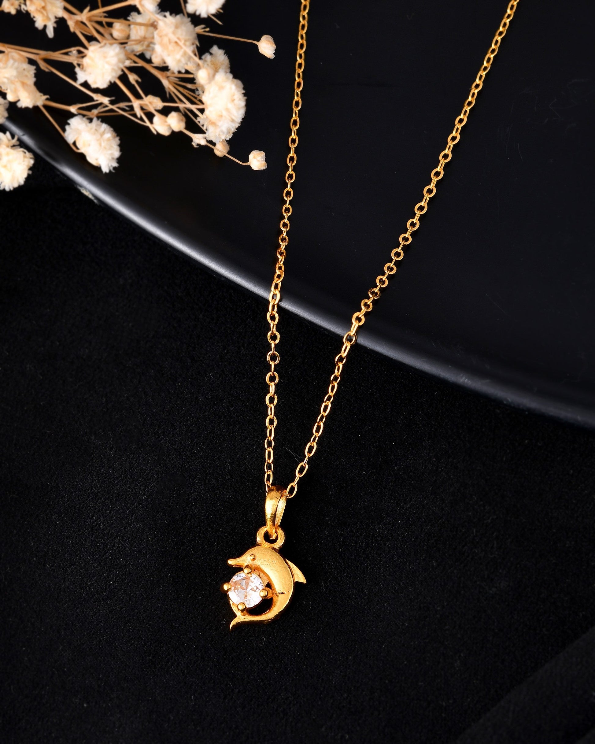 VOJ Gold Polished Chain With Fish Shaped Stone Studded Pendant - Swadesiicart