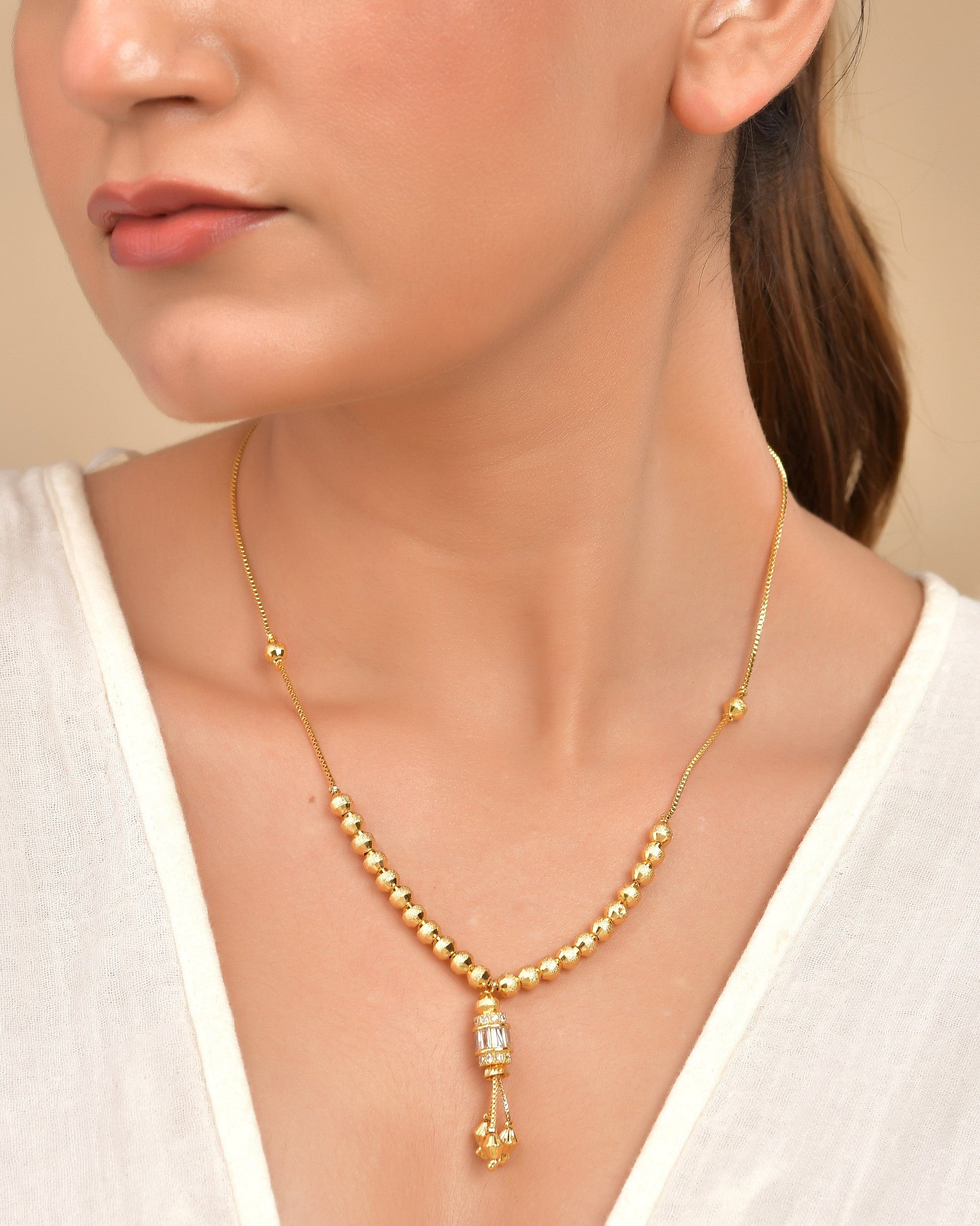 VOJ Rose Gold Polished Ad Studded Round Pendant With Chain - Swadesiicart