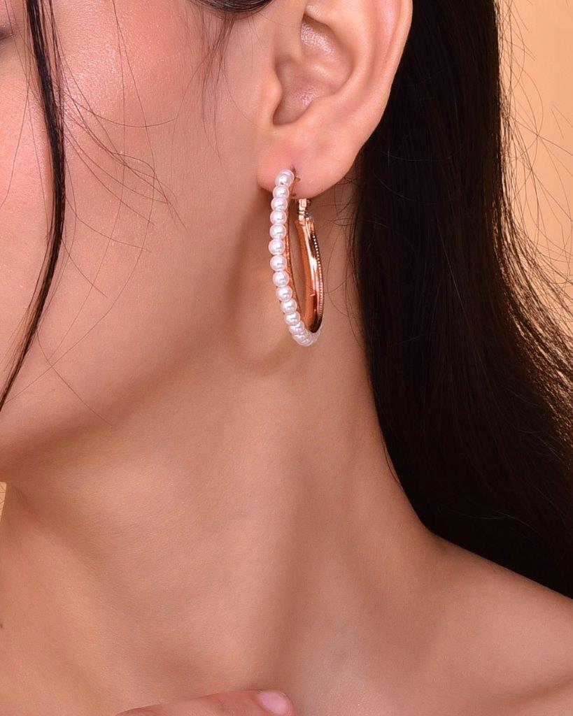VOJ White Pearl Gold-Polished Hoops Earrings - Swadesiicart