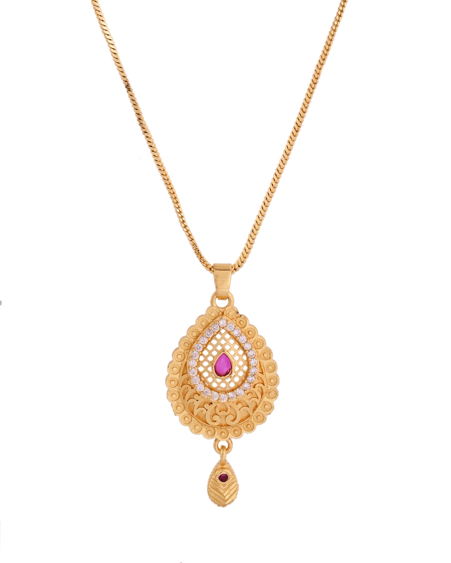 VOJ Gold Polished Teardrop Shaped Pendant With Chain Set - Swadesiicart