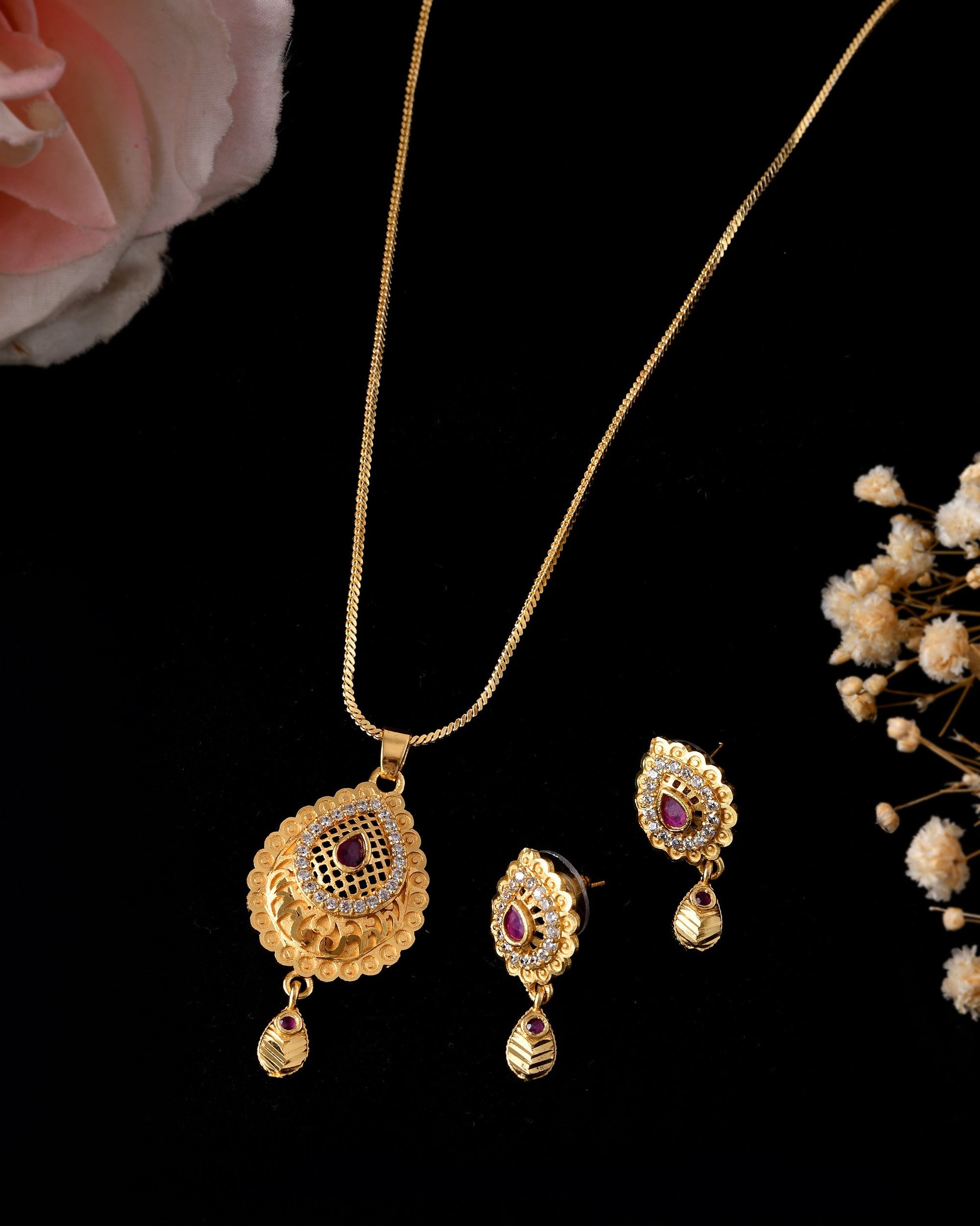 VOJ Gold Polished Teardrop Shaped Pendant With Chain Set - Swadesiicart