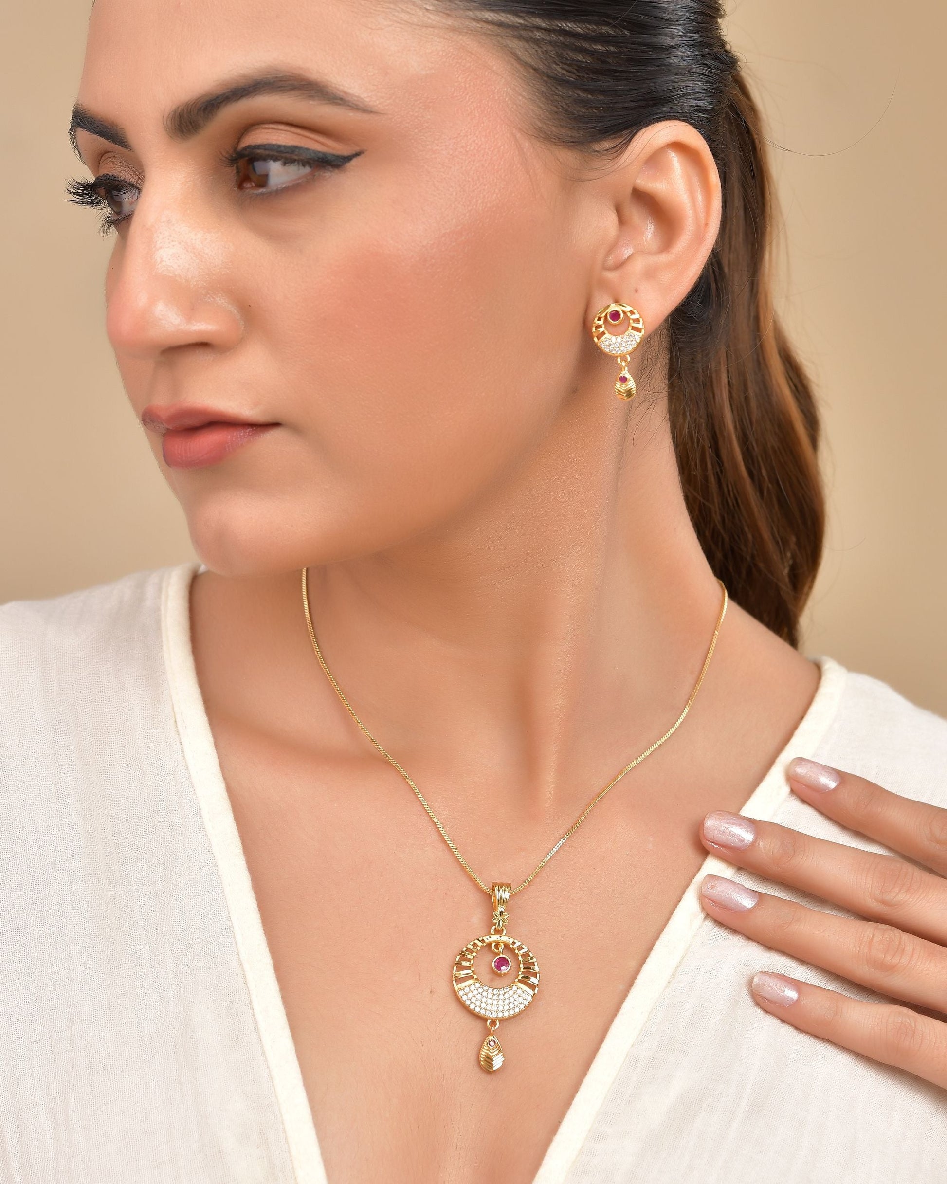 VOJ Gold Polished Circular Pendant With Chain And Earrings Set - Swadesiicart