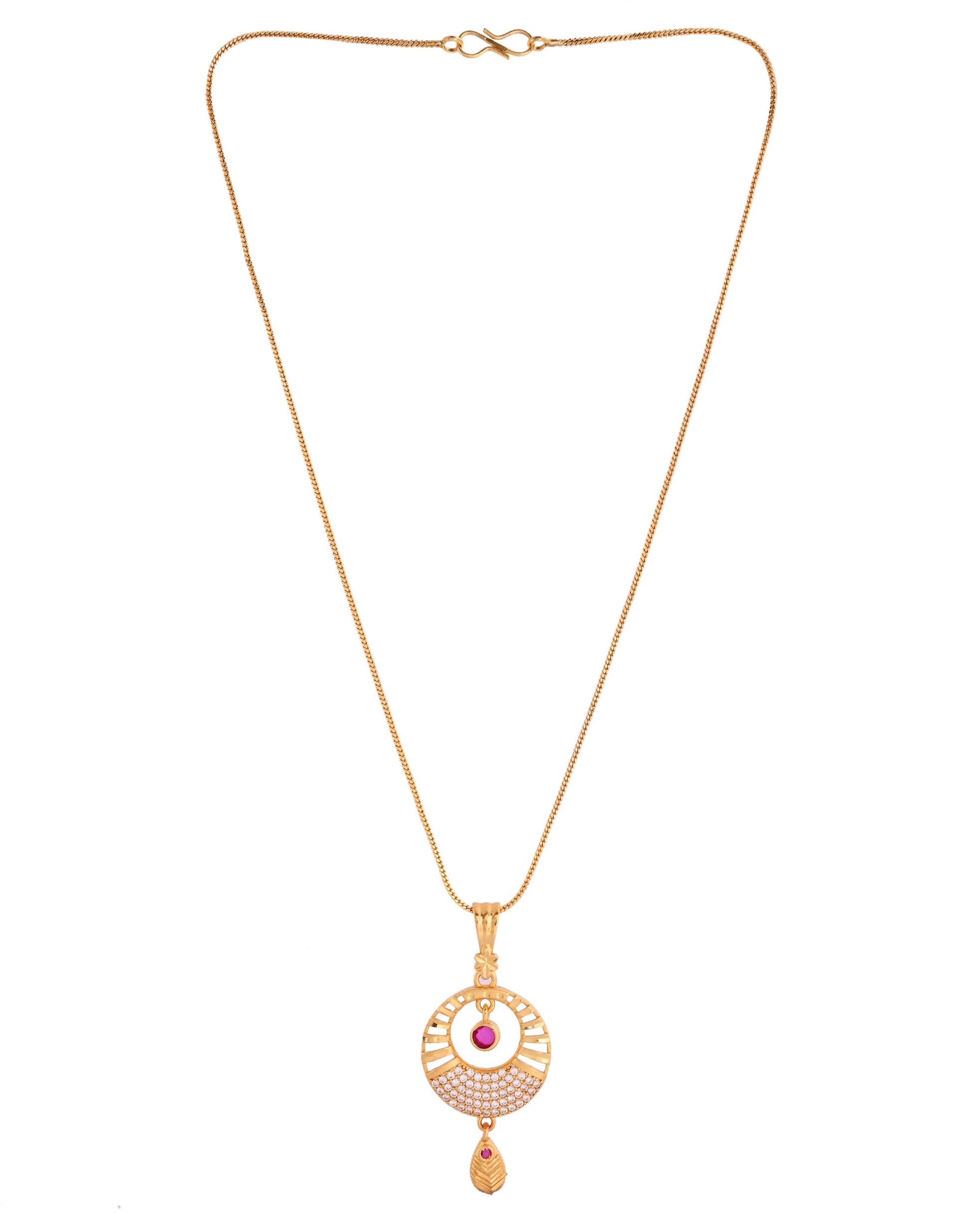 VOJ Gold Polished Circular Pendant With Chain And Earrings Set - Swadesiicart
