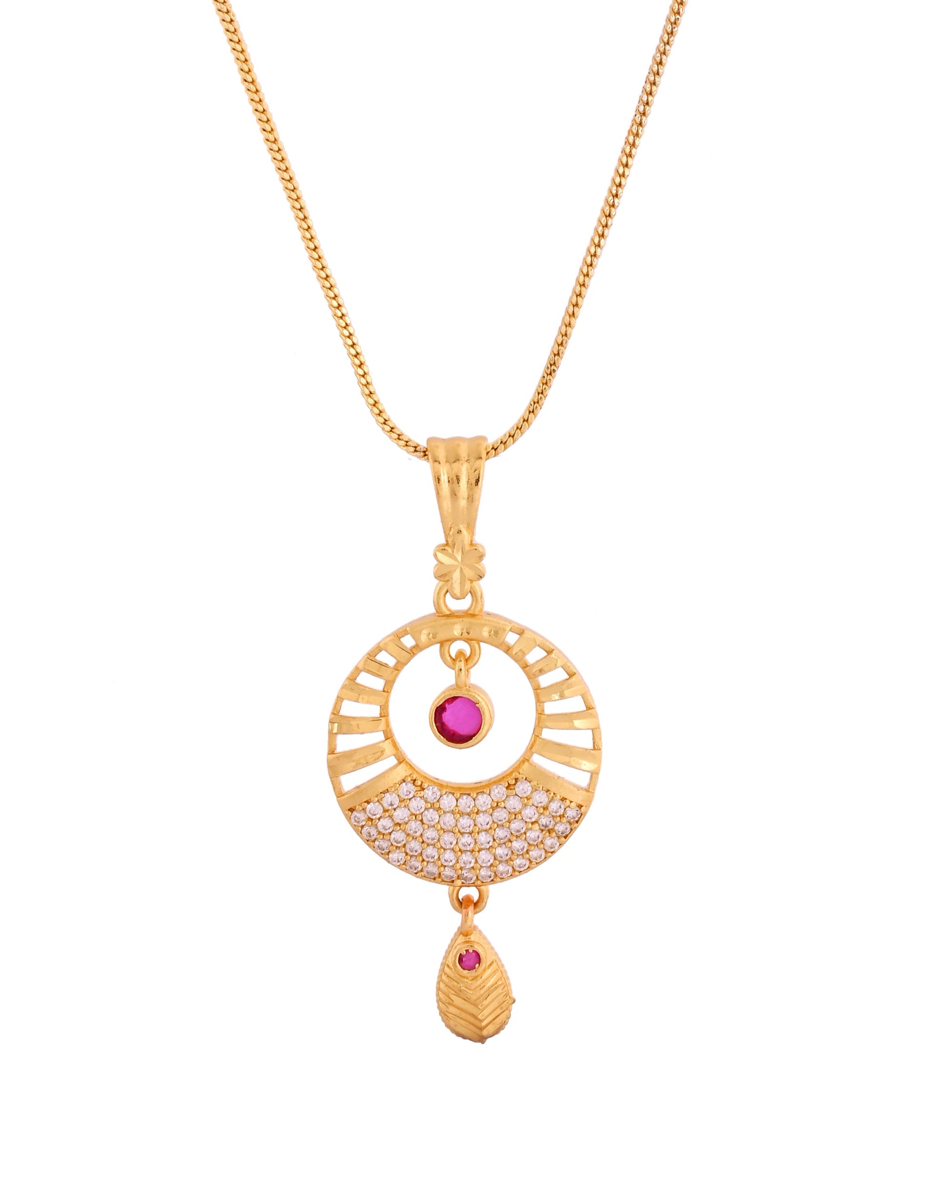 VOJ Gold Polished Circular Pendant With Chain And Earrings Set - Swadesiicart
