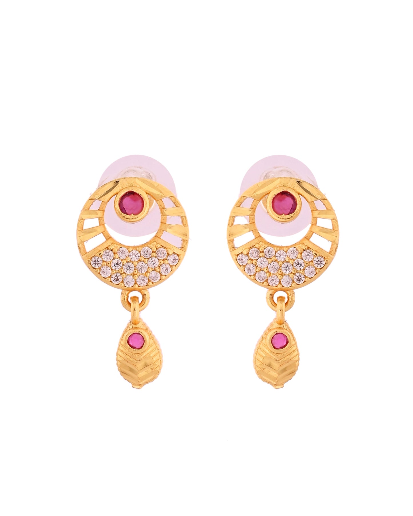 VOJ Gold Polished Circular Pendant With Chain And Earrings Set - Swadesiicart