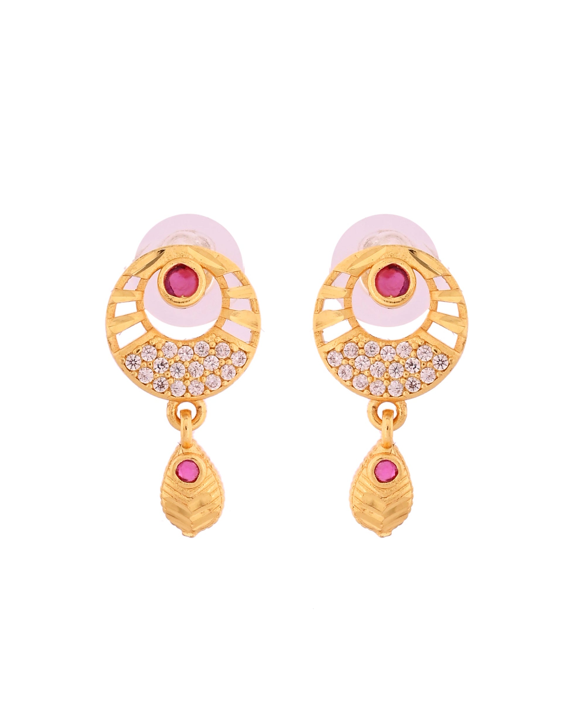 VOJ Gold Polished Circular Pendant With Chain And Earrings Set - Swadesiicart